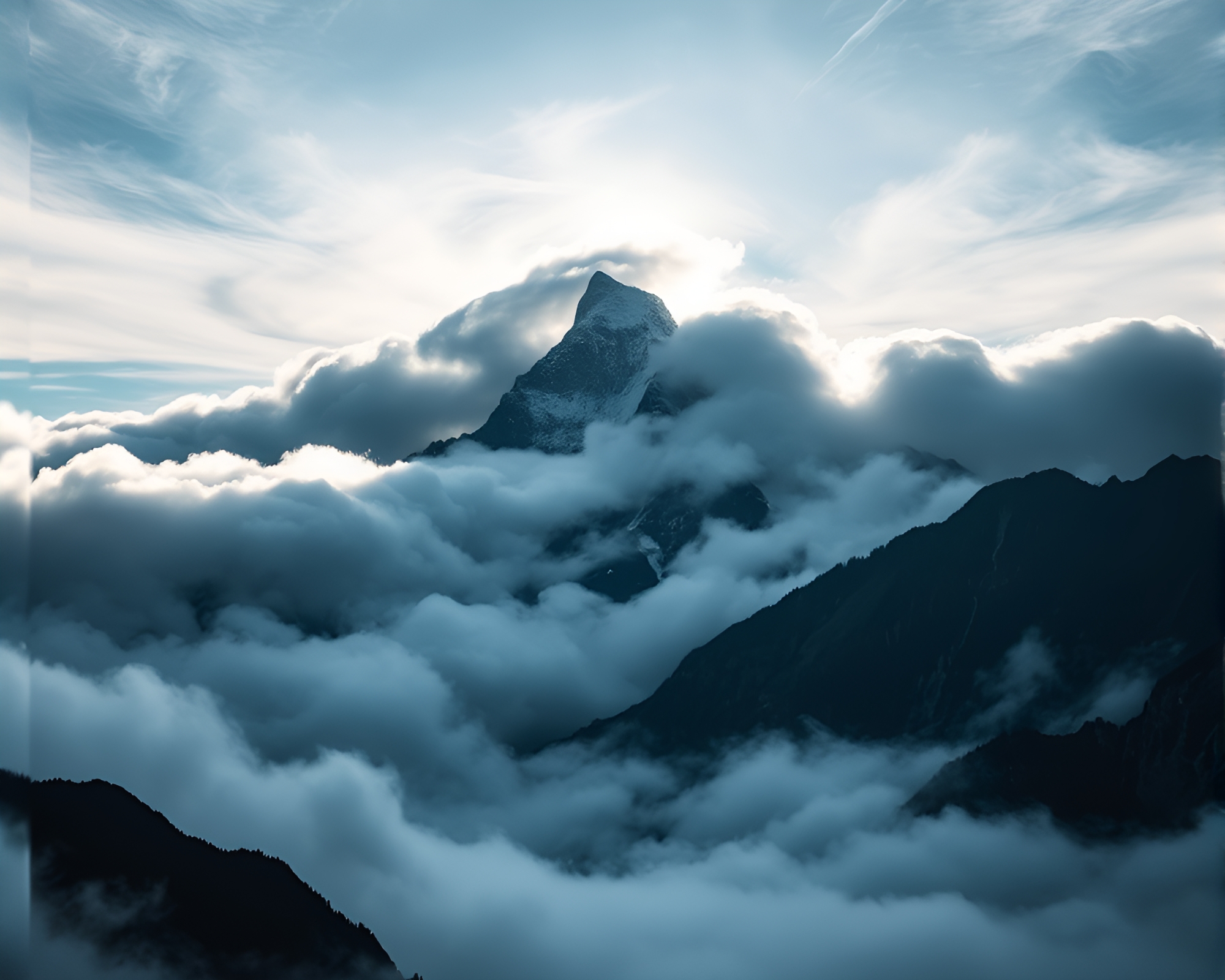 Majestic Mountain Peak Piercing Through Clouds – free AI stock image