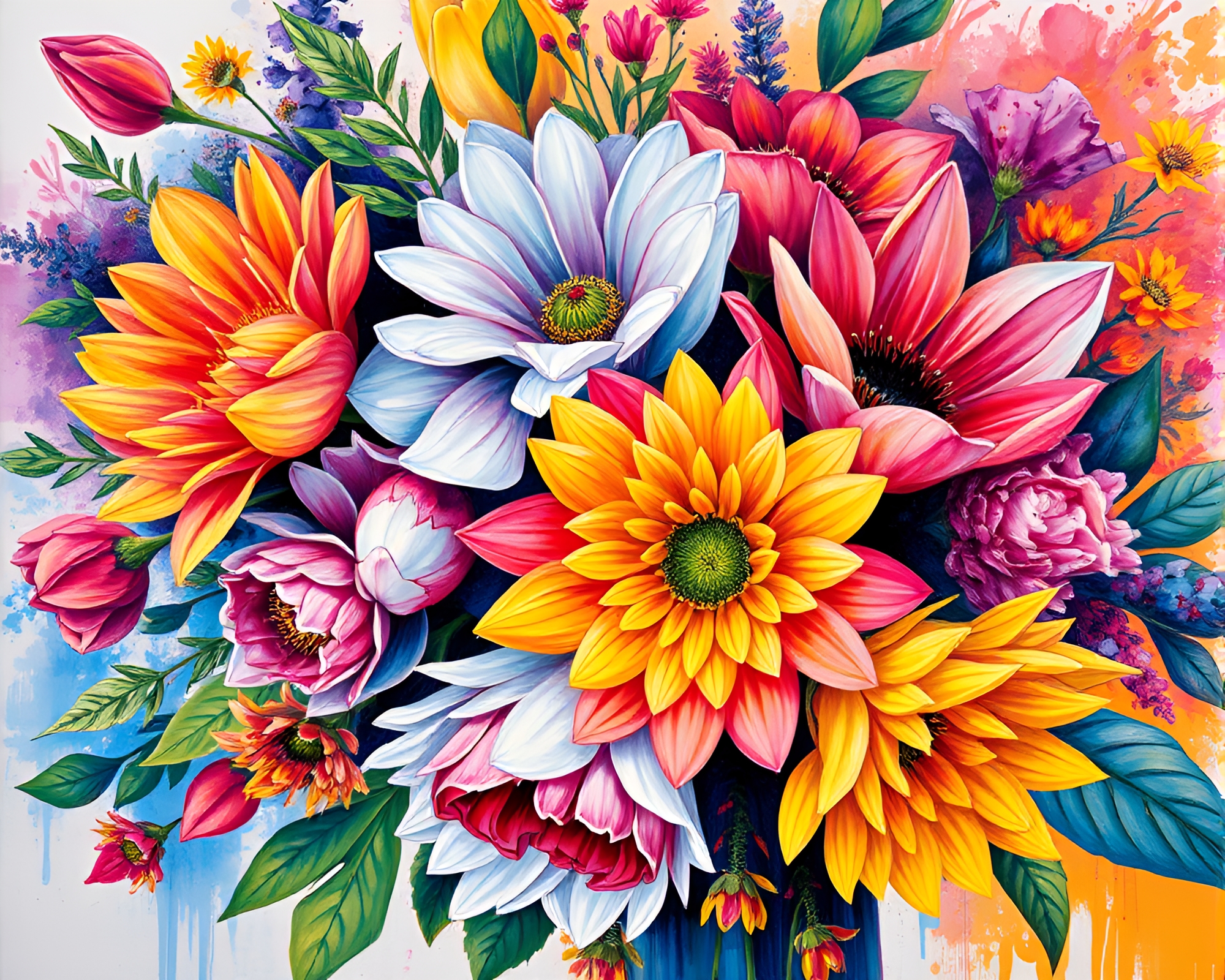 Vibrant Floral Bouquet Painting in Realistic Style – free AI stock image