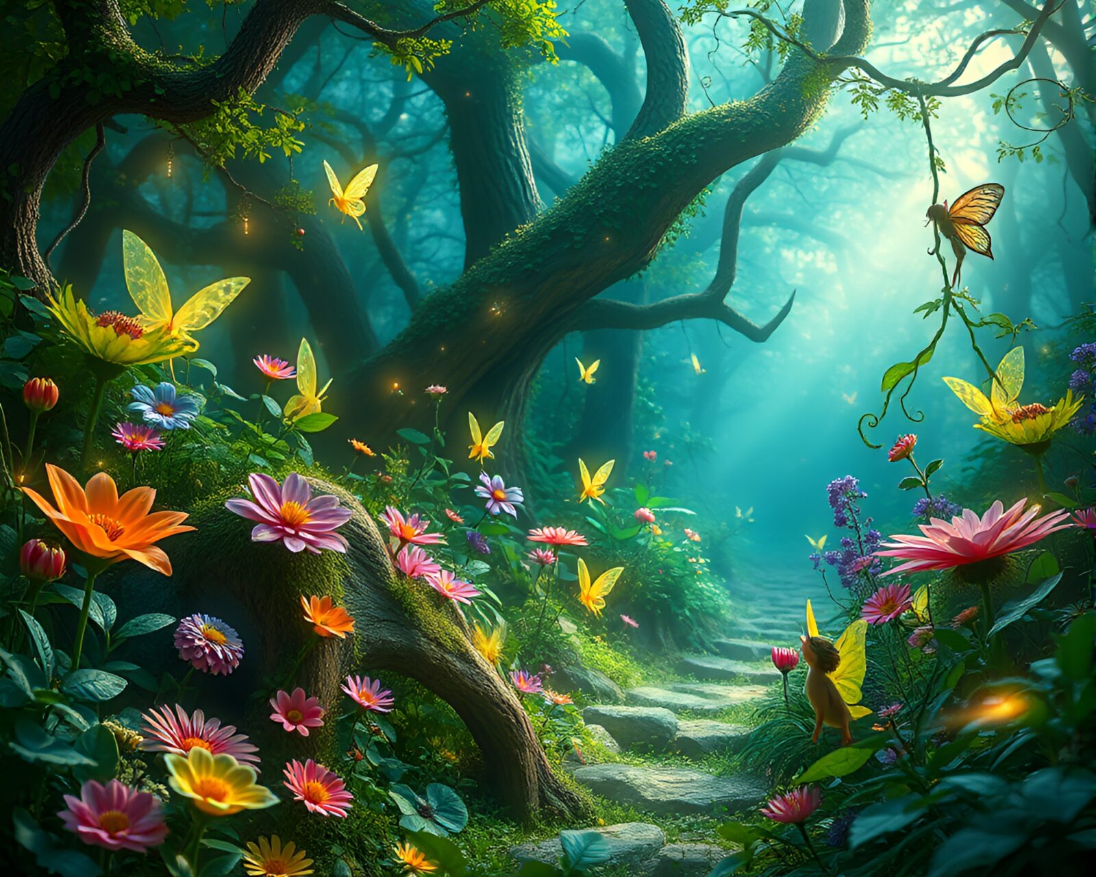 Vibrant depiction of mystical woodland with glowing magical creatures