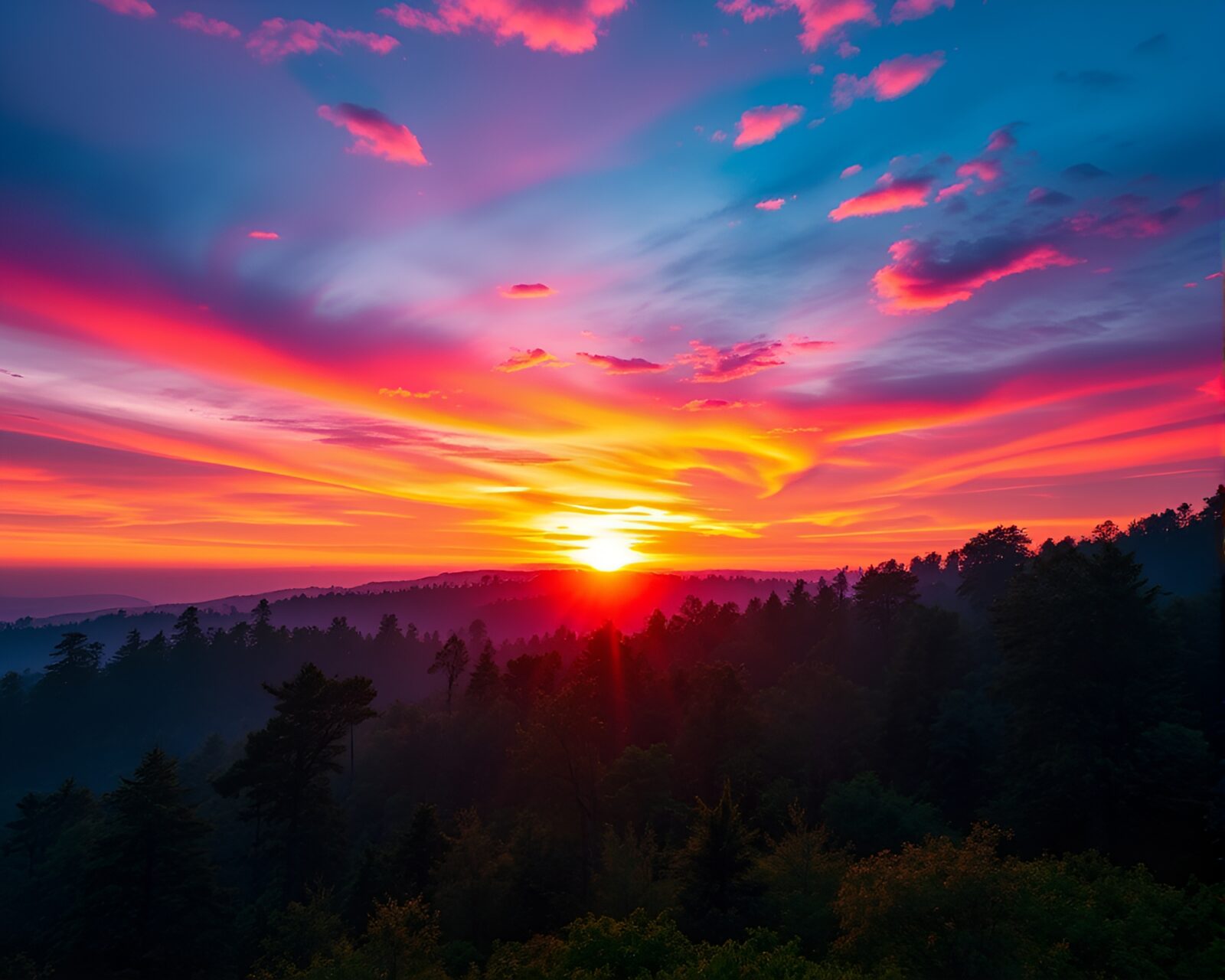 Majestic sunset over mystical forest with glowing trees