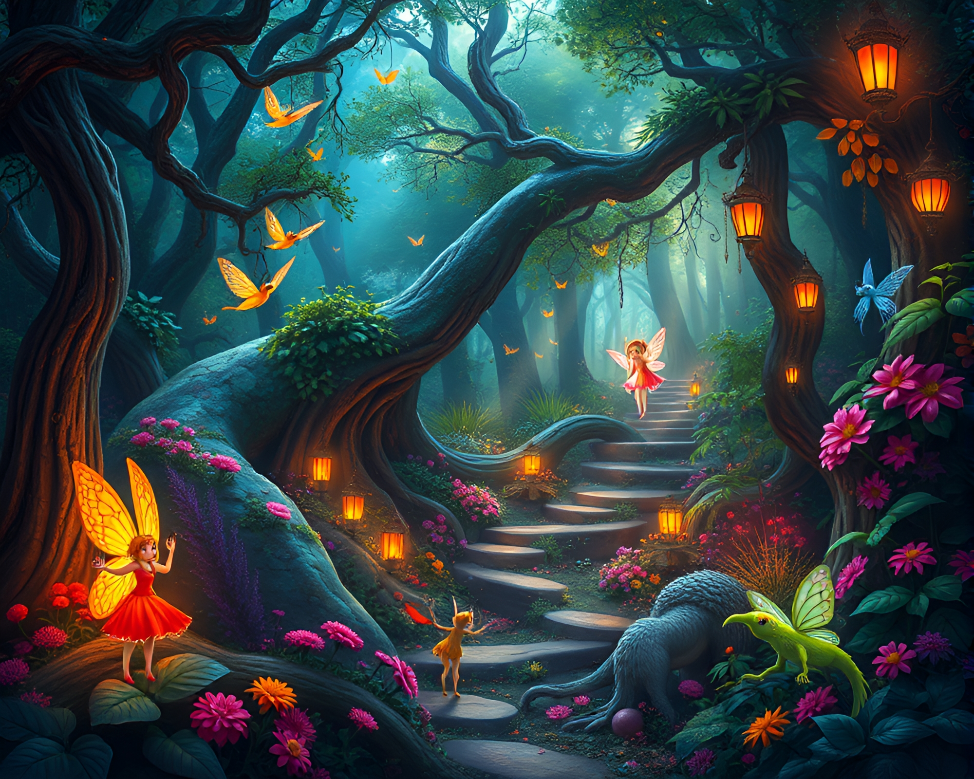Enchanted Forest Illustration with Mystical Fairy Creatures – free AI stock image