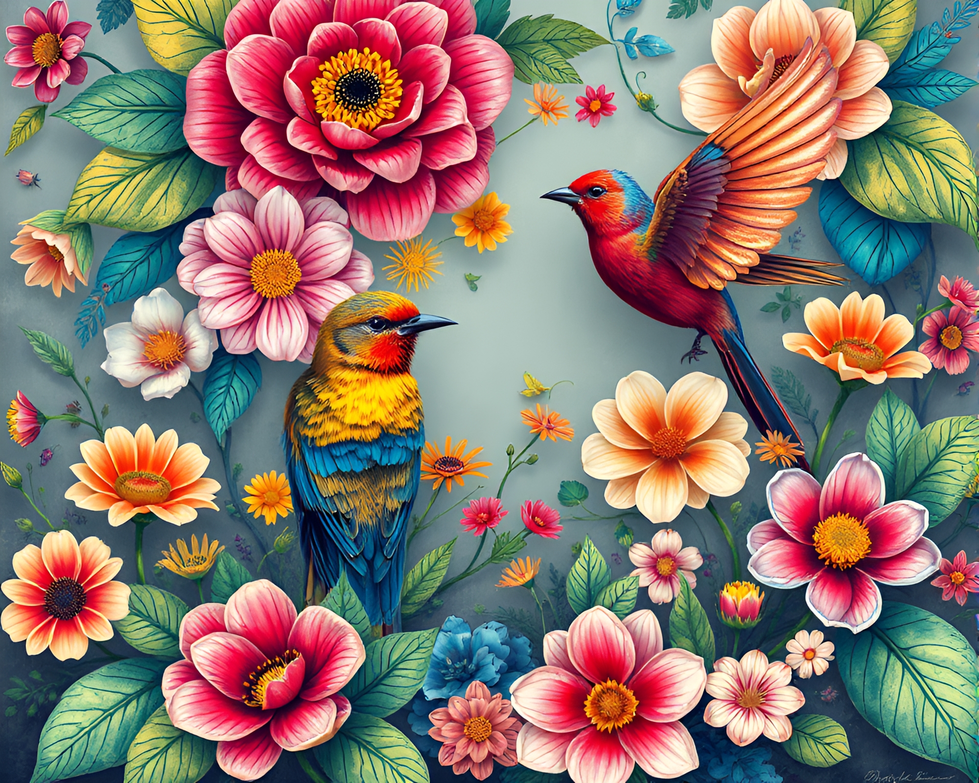 Vibrant Nature Artwork with Florals and Birds – free AI stock image