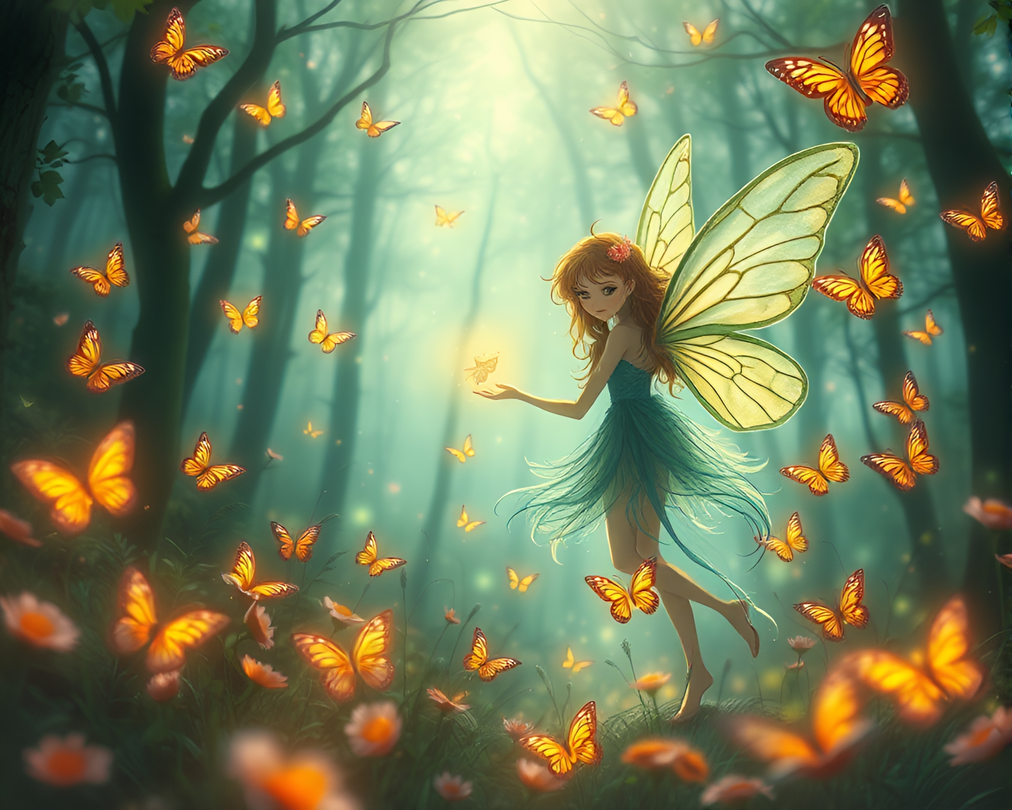 Enchanted Forest Nymph Surrounded by Radiant Butterflies – free AI stock image