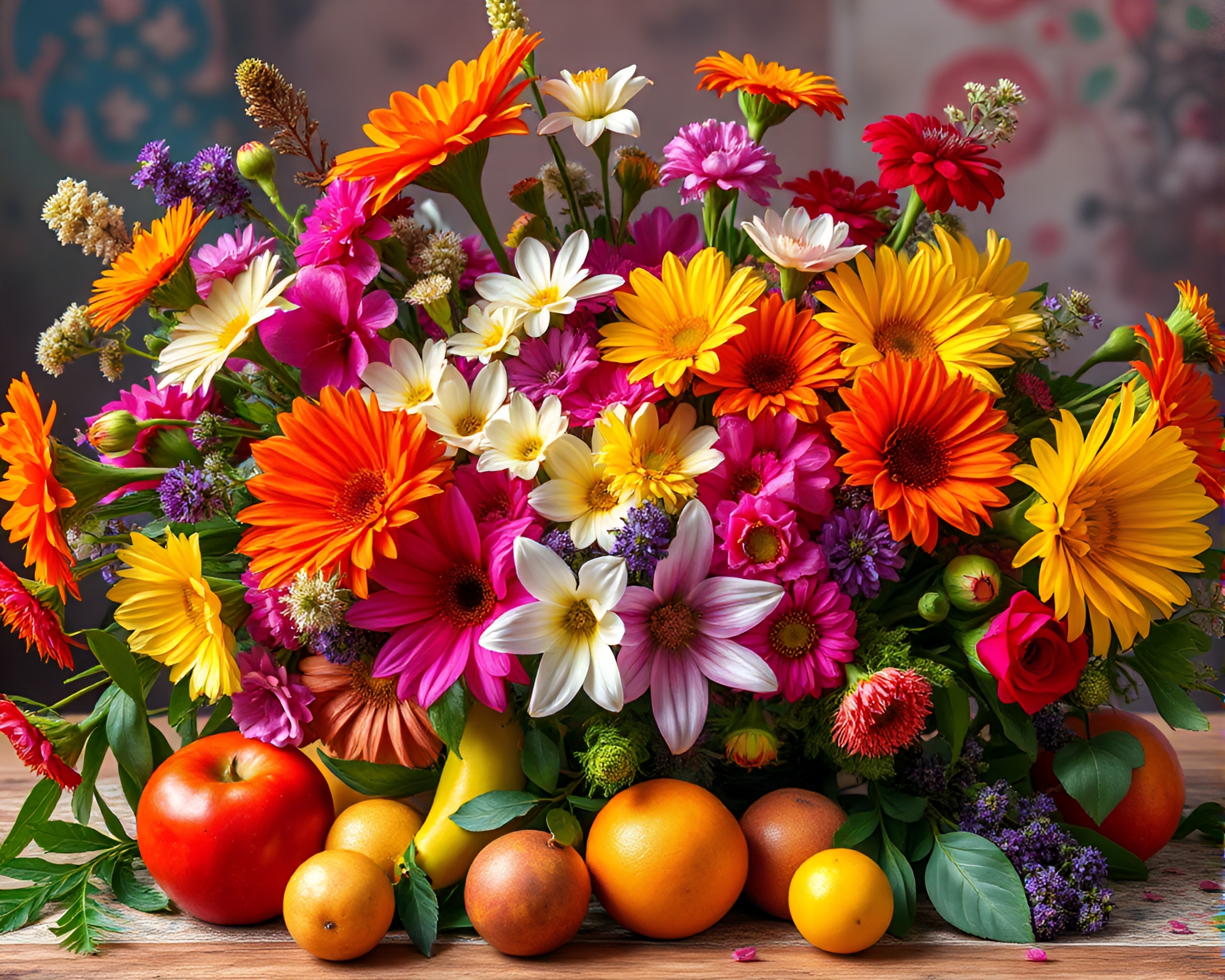 Vibrant Floral Still Life with Fruit – free AI stock image