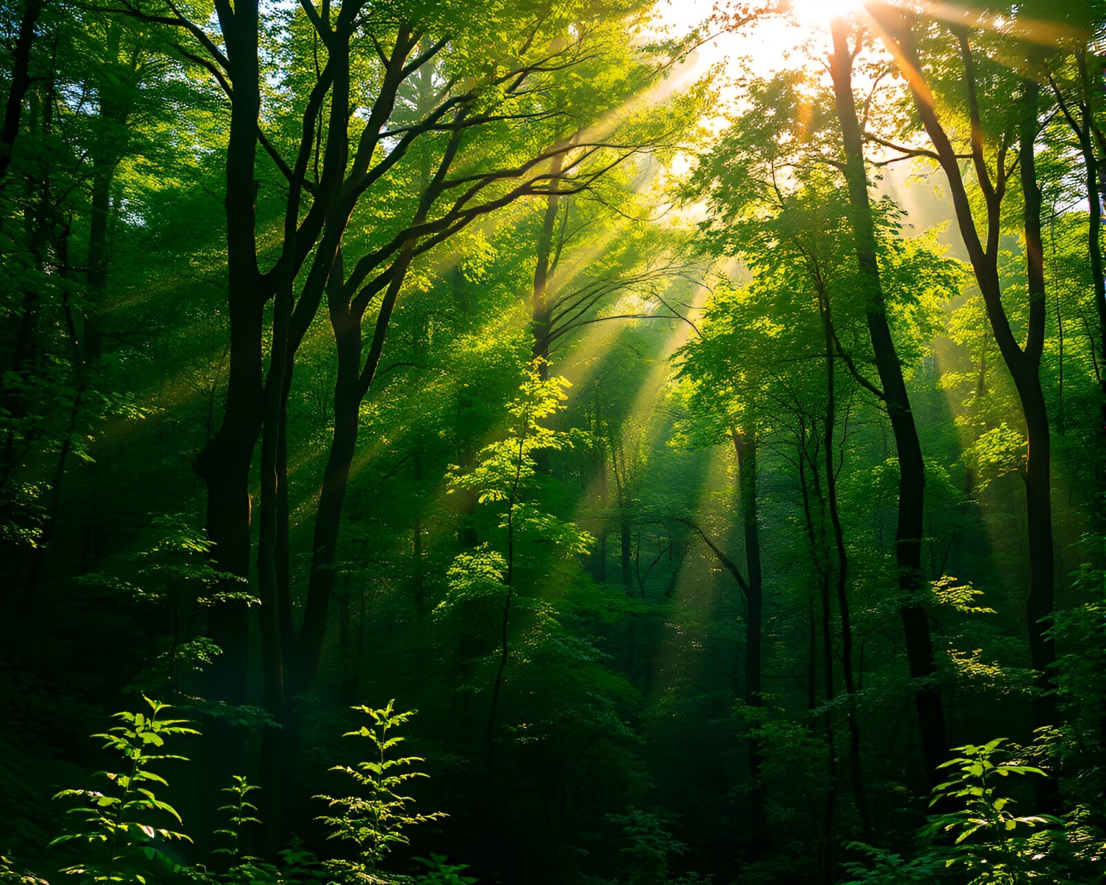 Sunlight filtering through dense green forest creating tranquil setting