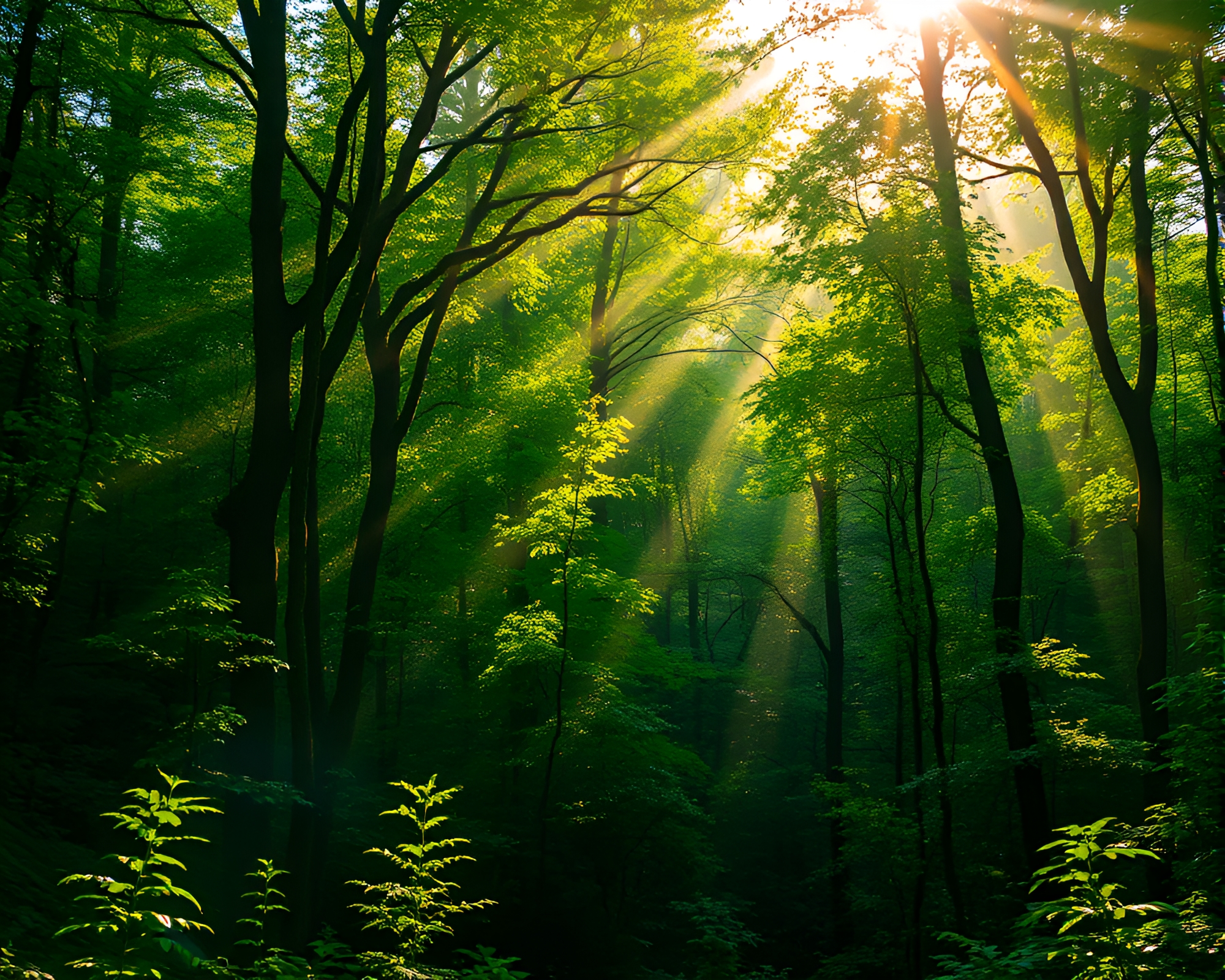 Idyllic Green Forest with Sunlight Illuminating Trees – free AI stock image