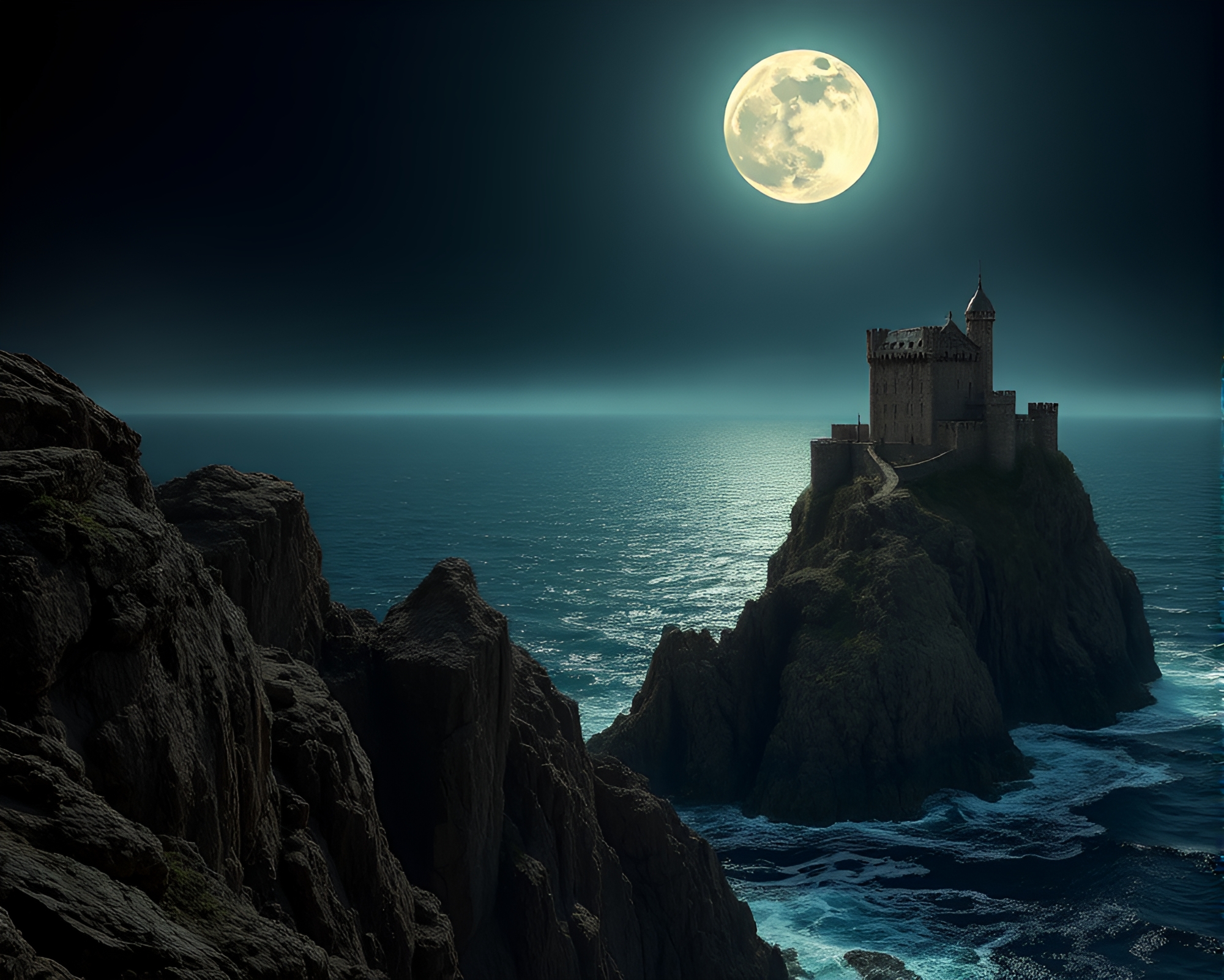 Enigmatic Castle Overlooking Starlit Ocean at Twilight – free AI stock image