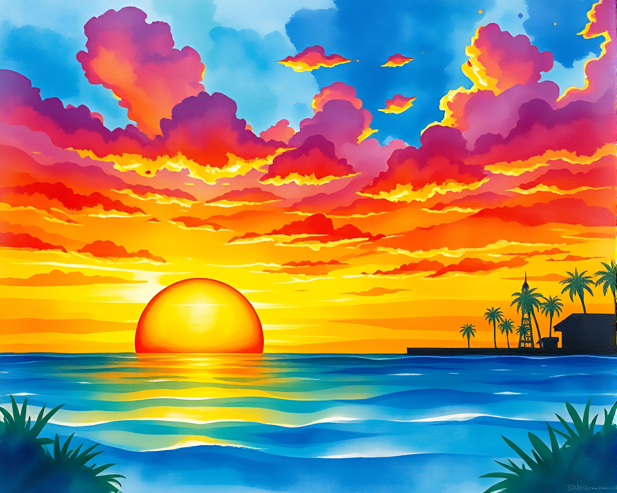 Vibrant Sunset in Watercolor Illustration – free AI stock image