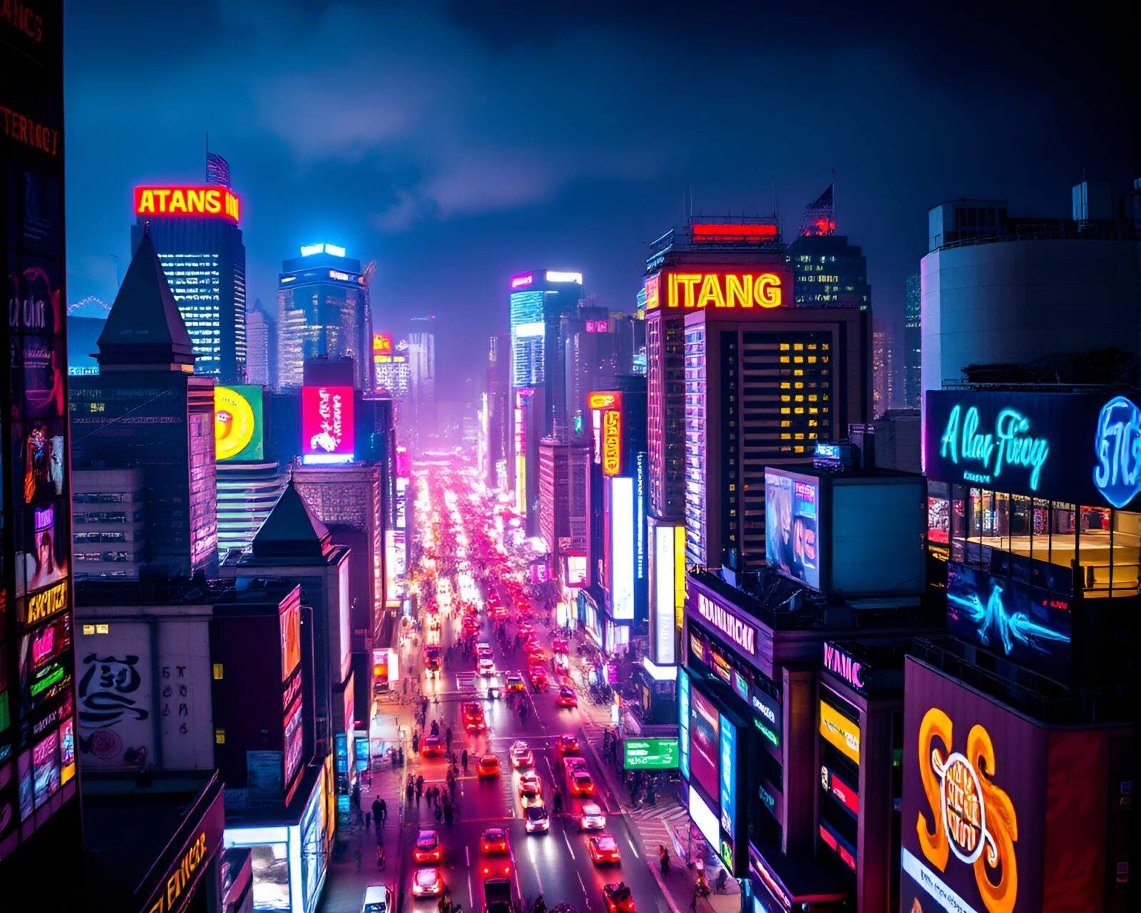 Colorful urban skyline illuminated with neon signs and lights