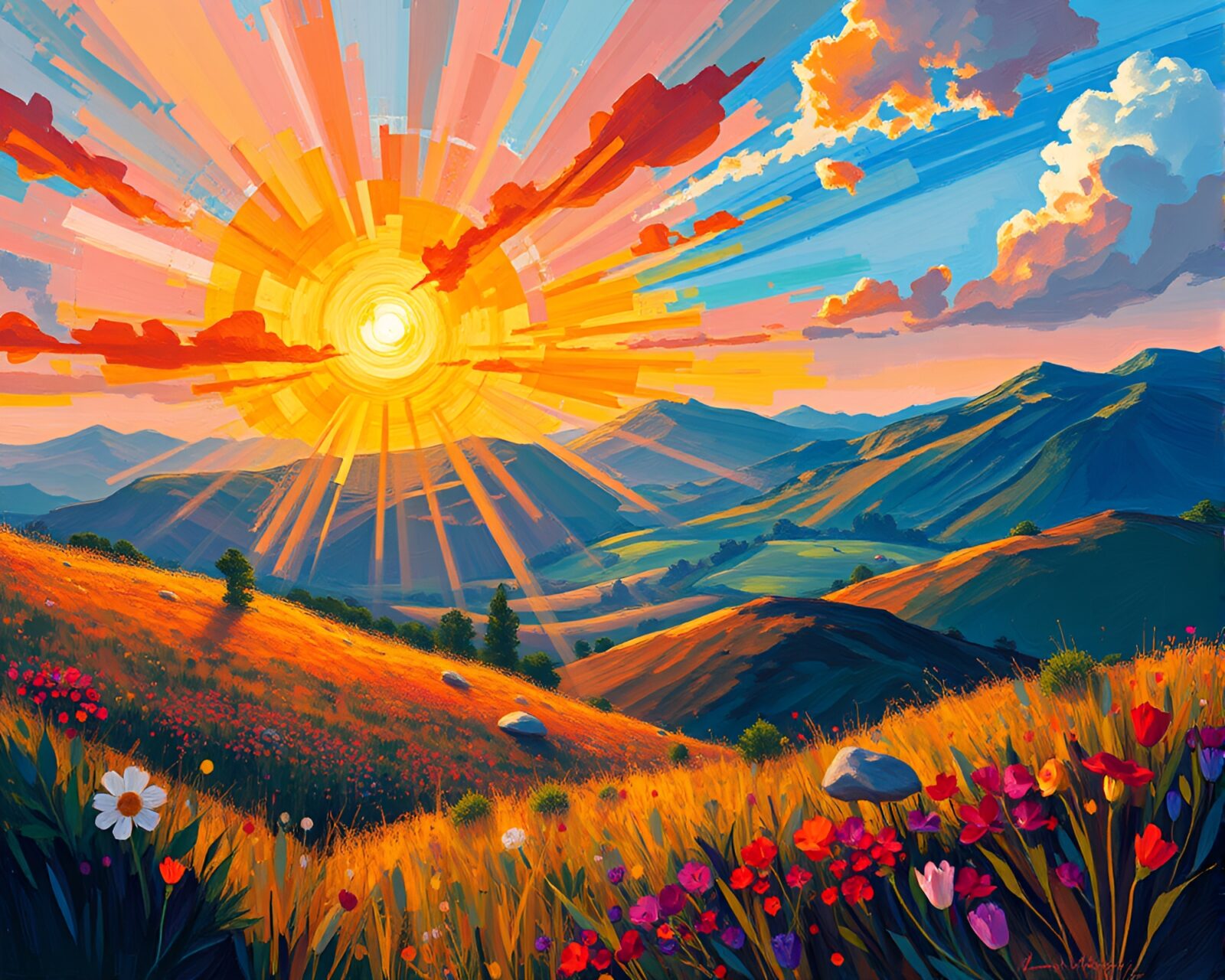 Bright and colorful landscape in impressionist style art