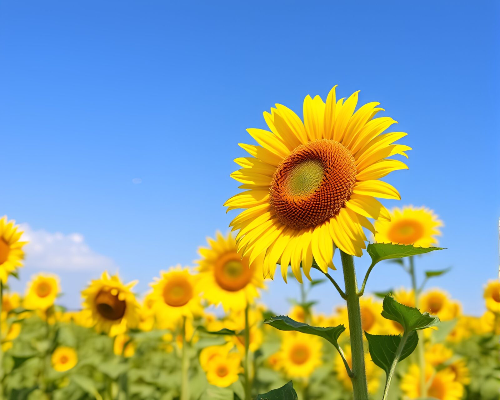 Vibrant sunflower field under clear blue sky, sunny day