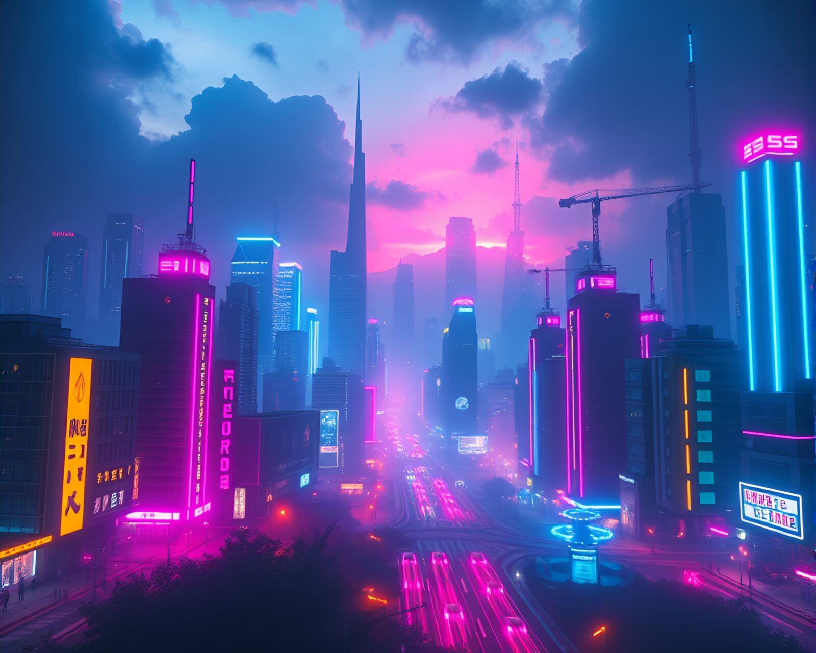 Vivid neon lights illuminating a futuristic city skyline at night