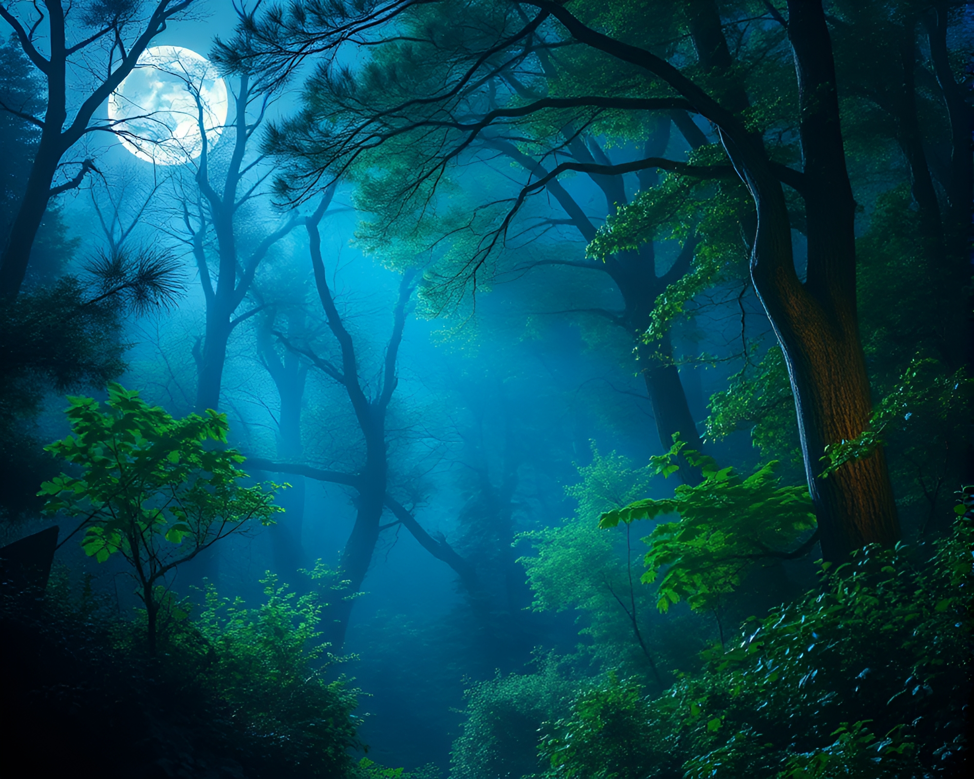 Magical Forest Glowing in Moonlight – free AI stock image