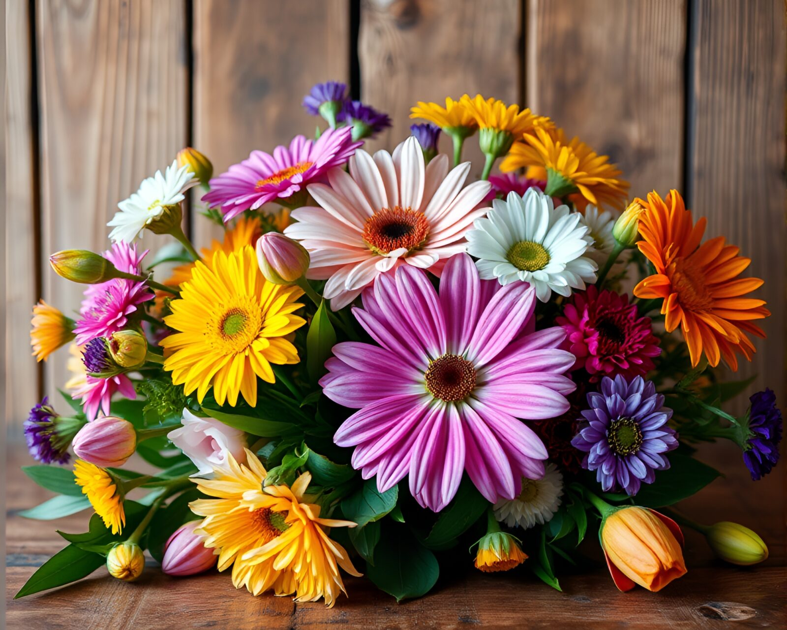 Colorful bouquet of fresh flowers on rustic wooden table