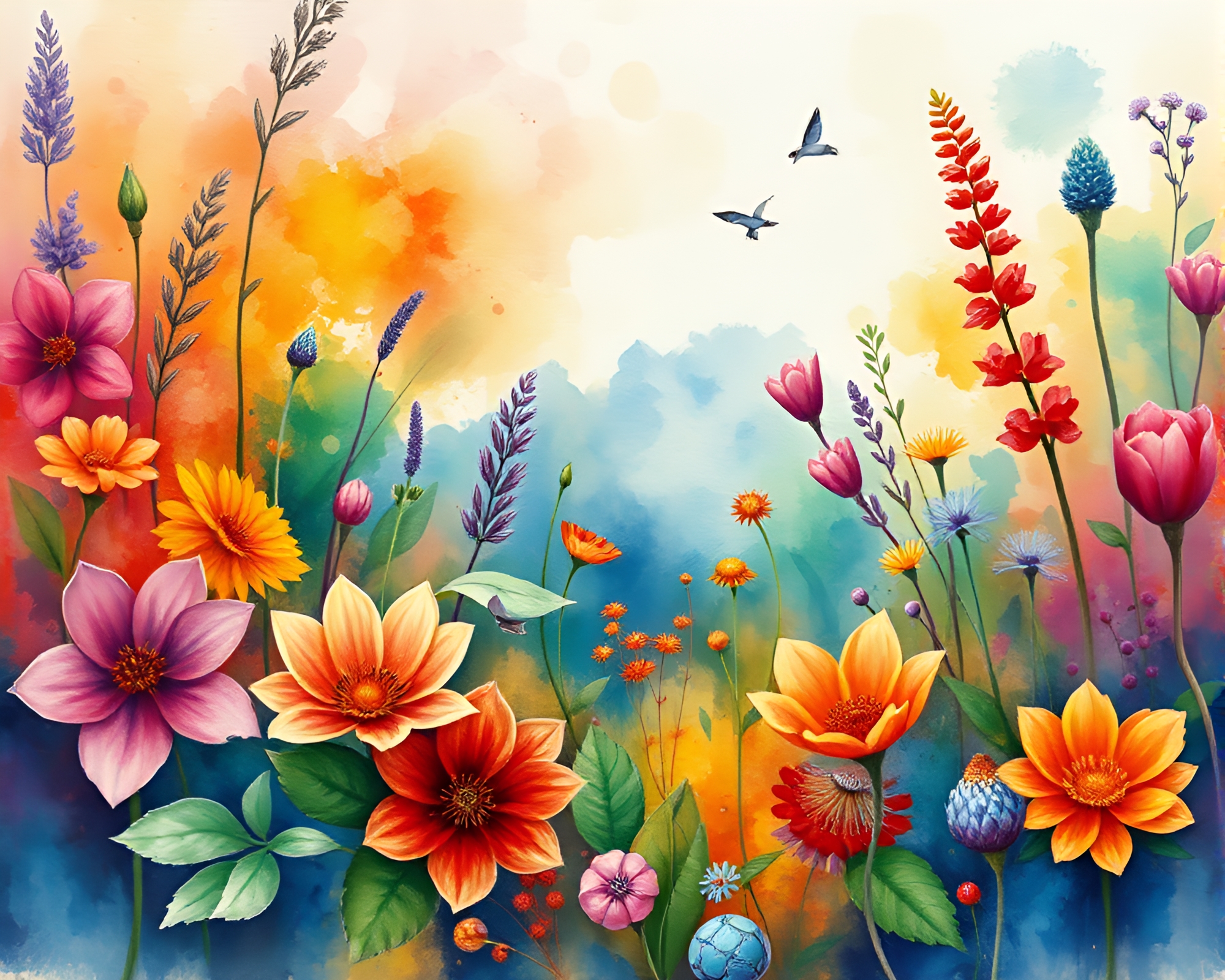 Vibrant Nature Art in Watercolor Style – free AI stock image
