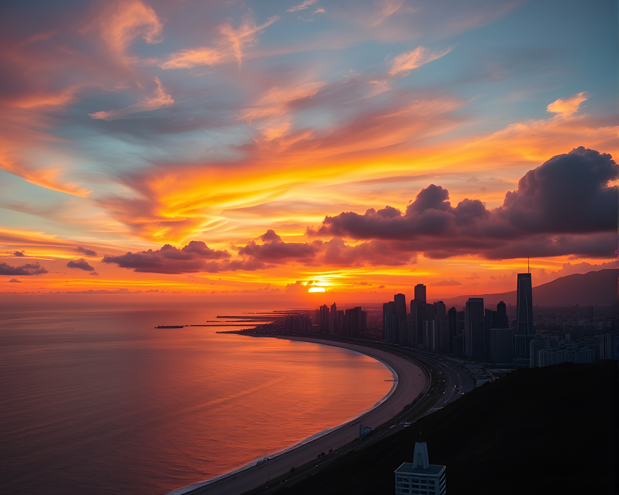 Vibrant Sunset over Coastal City Skyline – free AI stock image