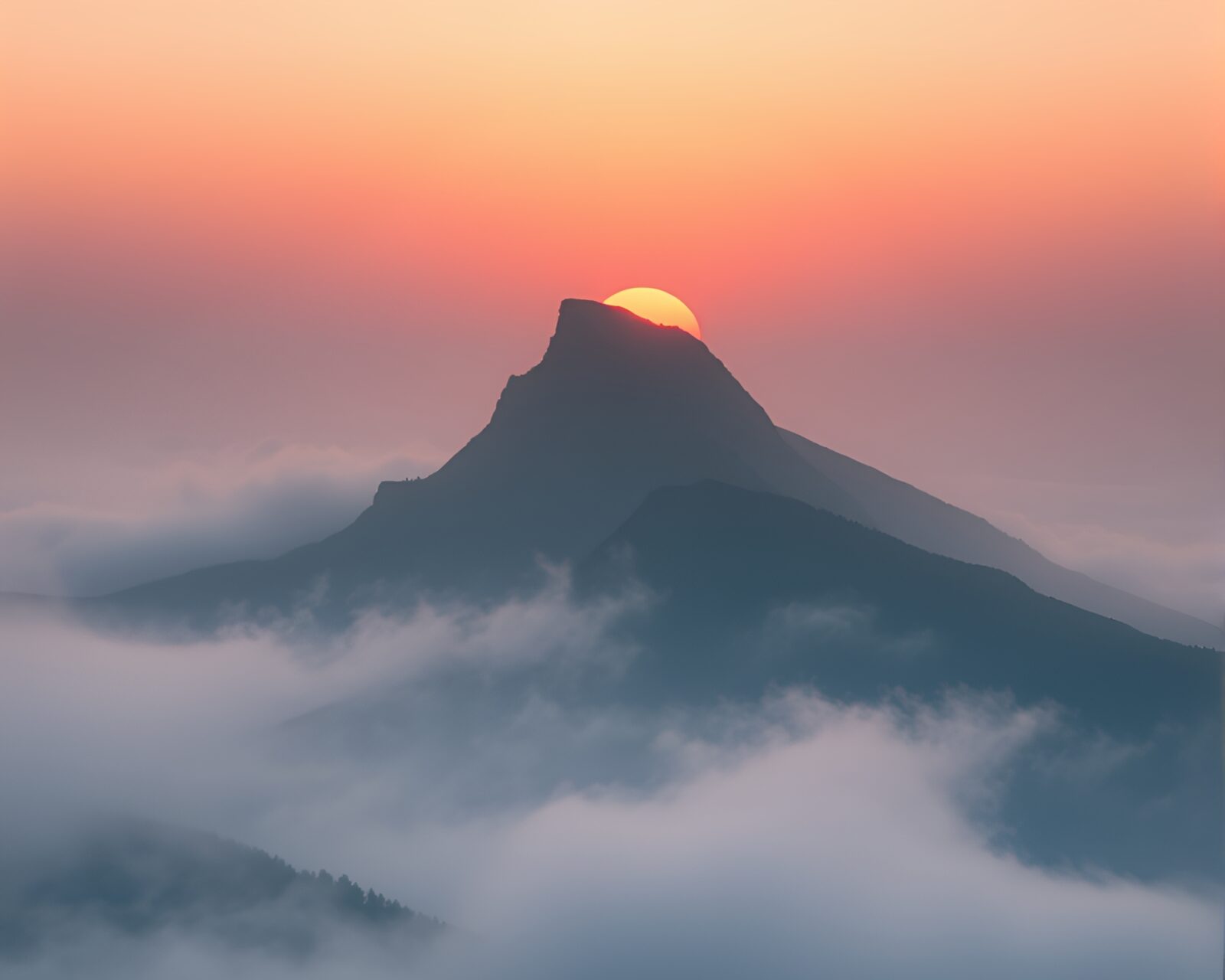 Dramatic mountain enveloped in mist at sunrise