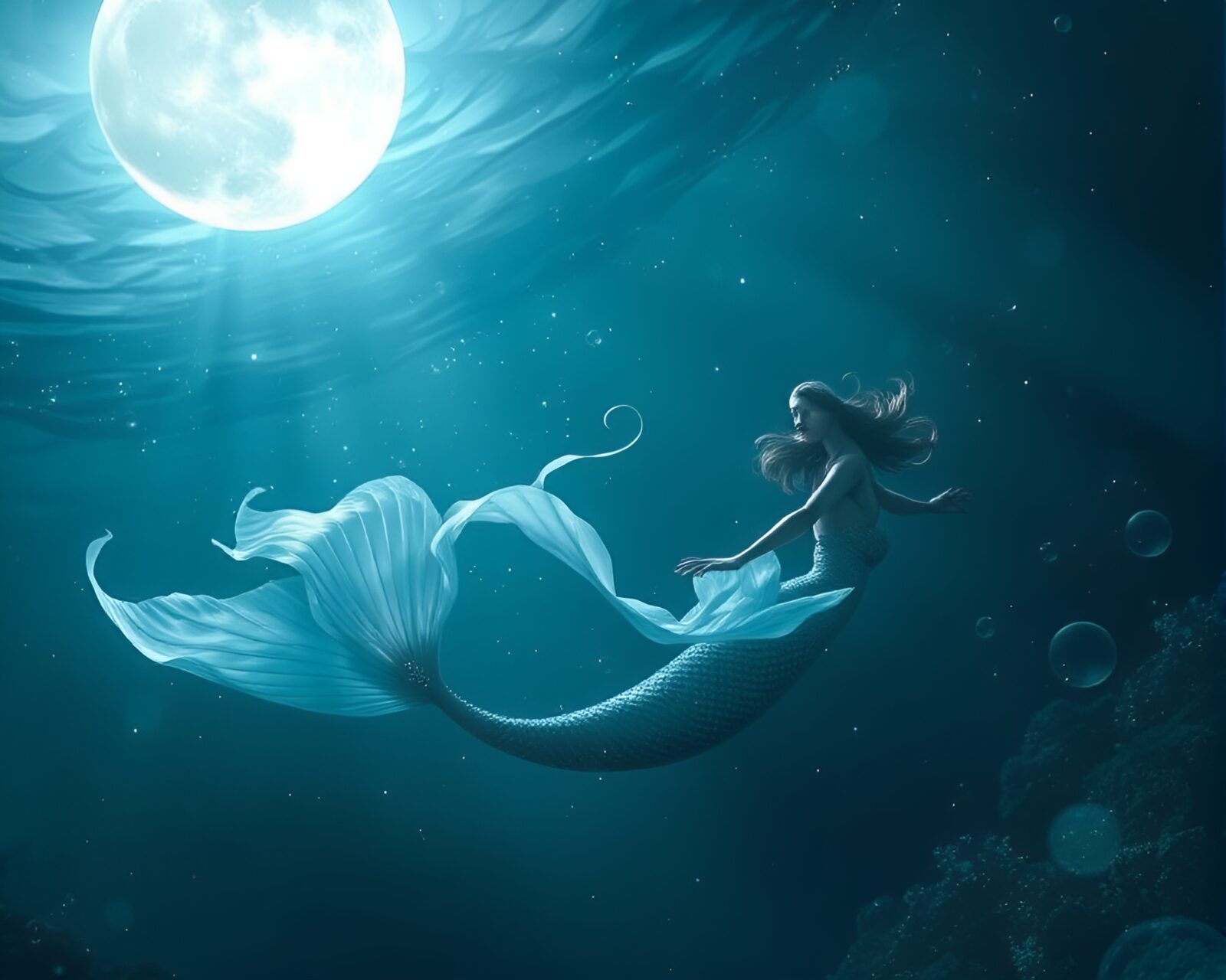 Graceful mermaid gliding through moonlit underwater world with ethereal glow