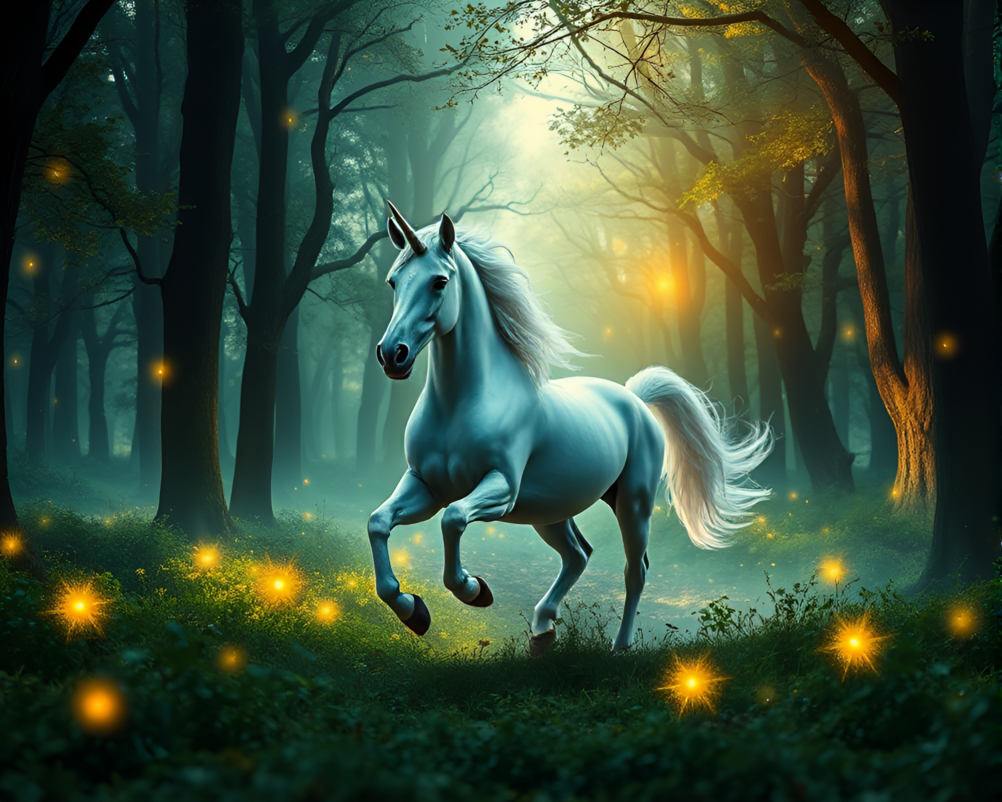 Magical Unicorn Galloping Through Enchanted Forest – free AI stock image