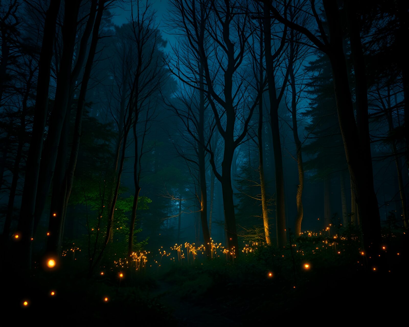Mysterious forest with glowing fireflies floating under moonlit sky
