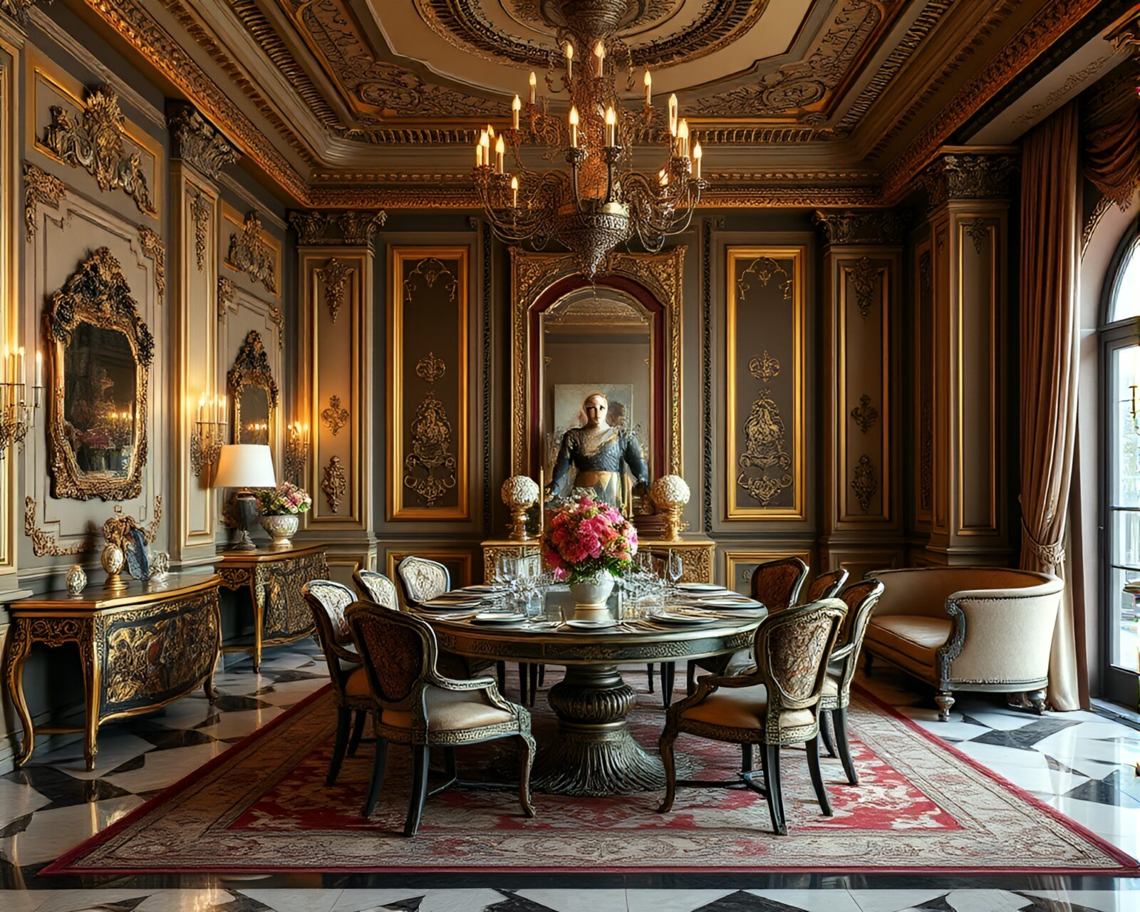 Opulent dining space with extravagant furnishings and decor
