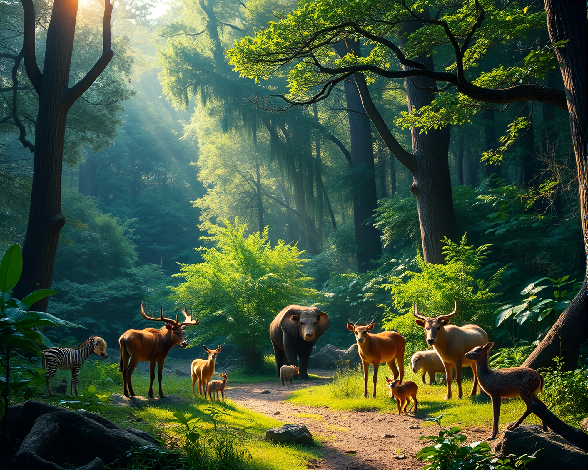 Lively Wildlife in Serene Forest Setting – free AI stock image