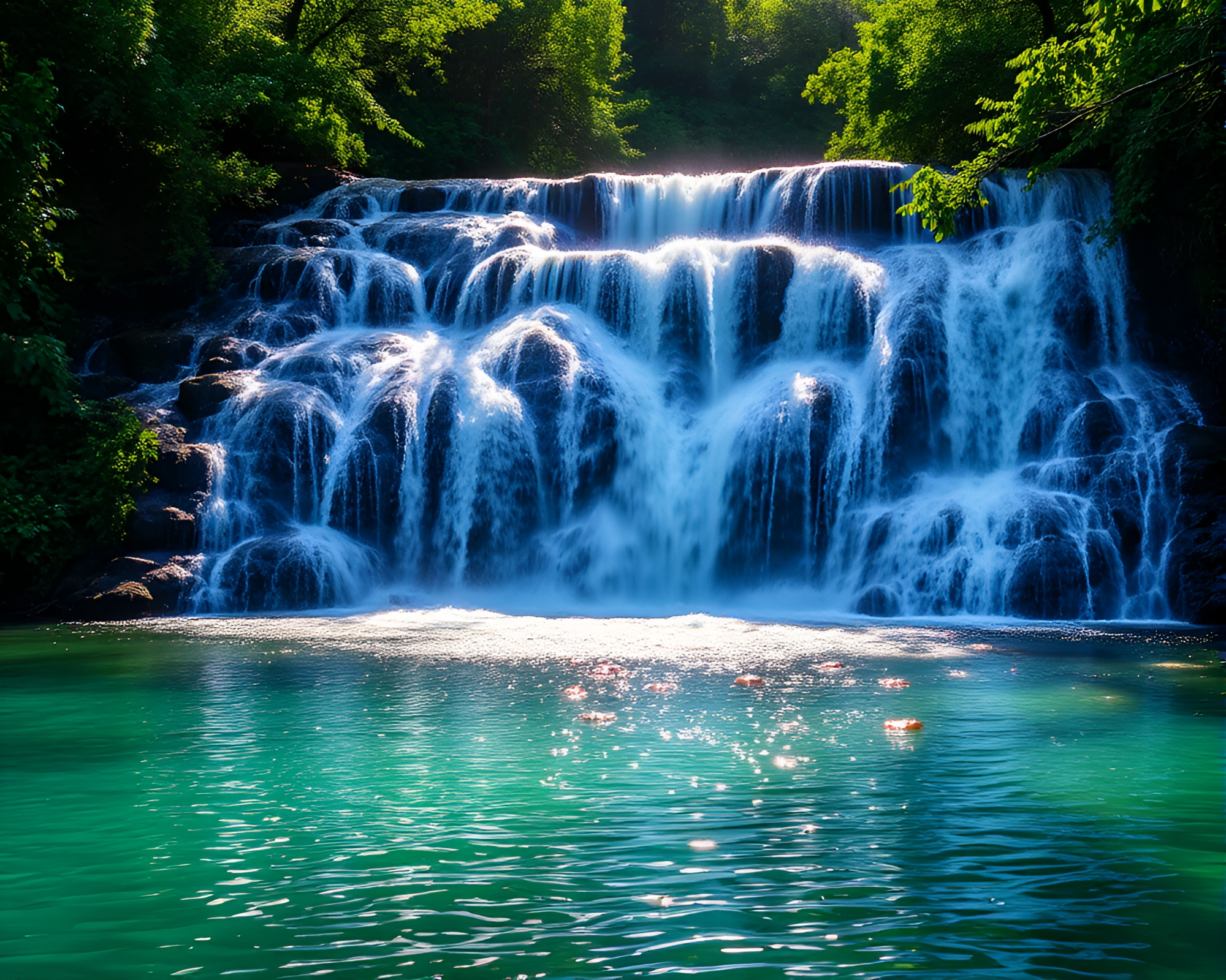 Serenity of a Waterfall in Sunlight – free AI stock image