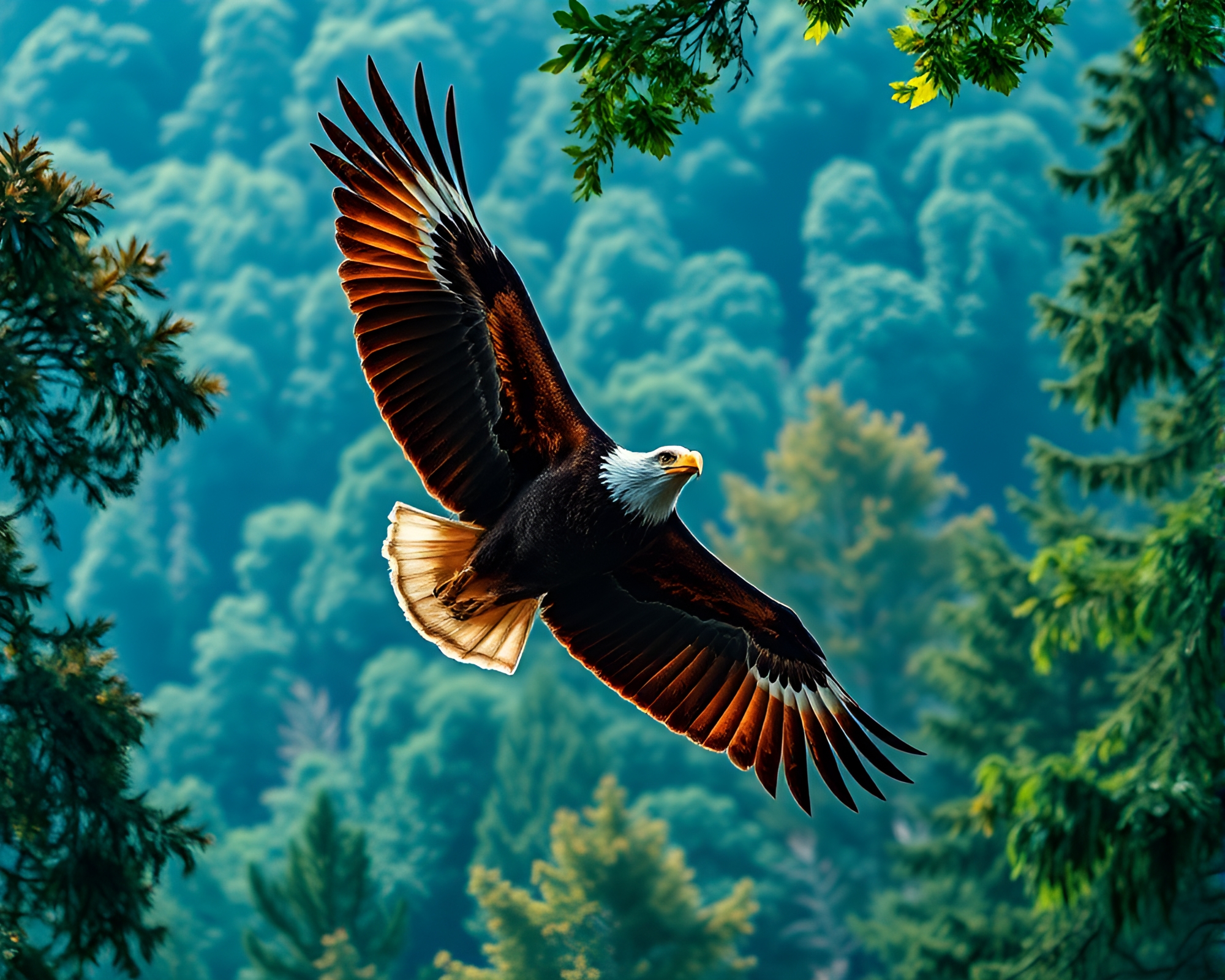 Eagle Soaring Above Vibrant Forest Canopy – free AI stock image