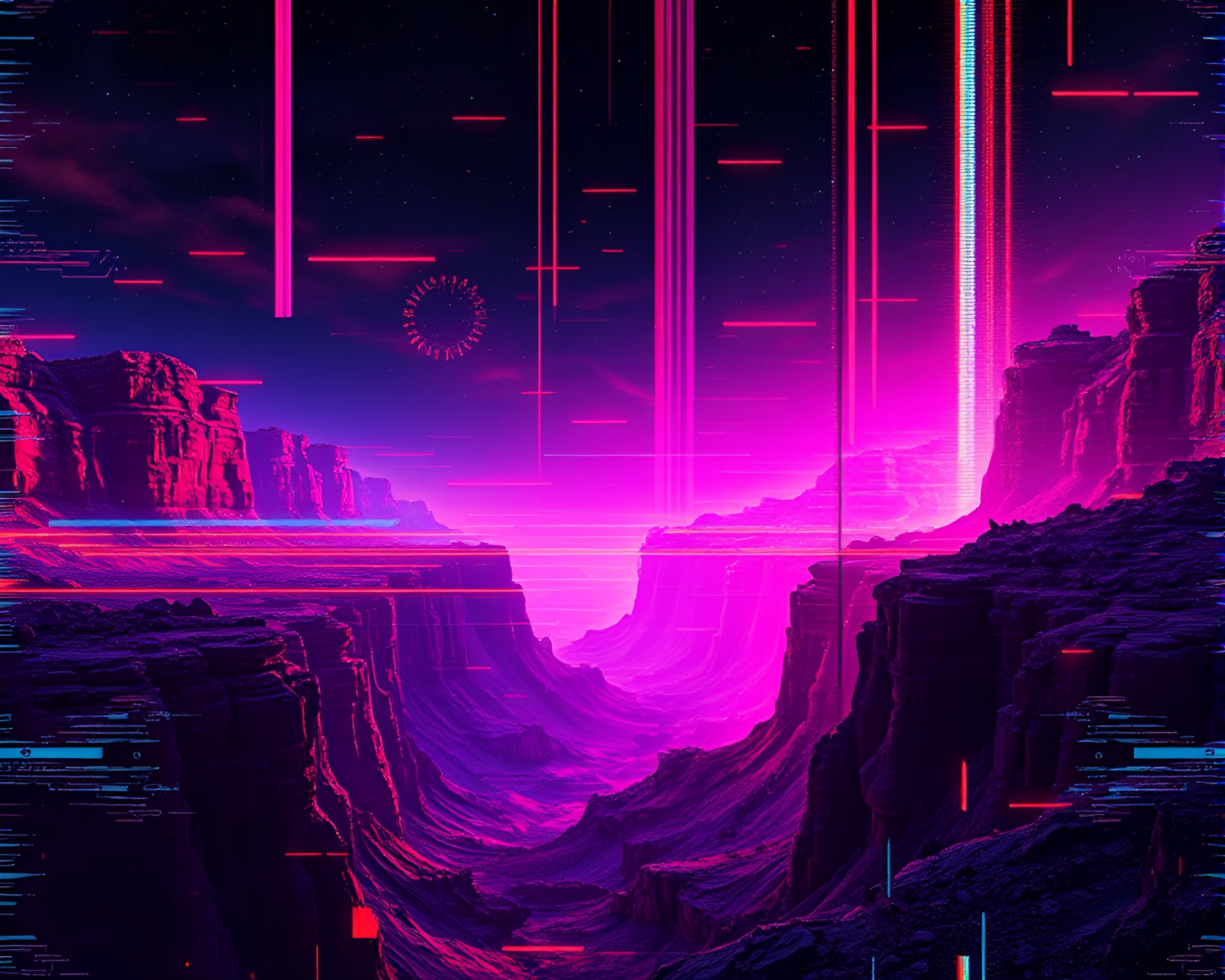 Vibrant Glitch Art Overlay in Obsidian Canyon Landscape – free AI stock image