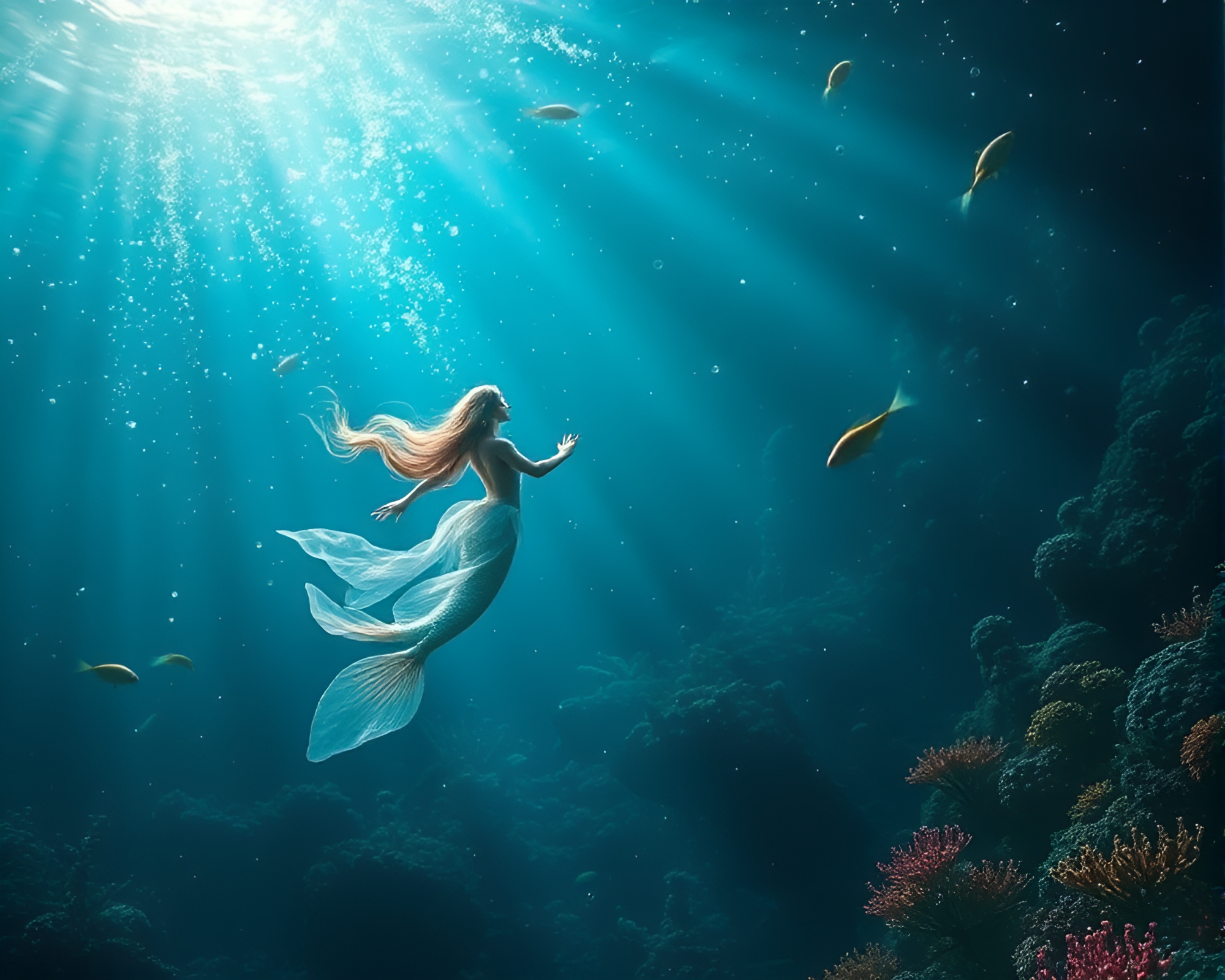 Ethereal Mermaid Swimming in a Mystical Underwater World – free AI stock image