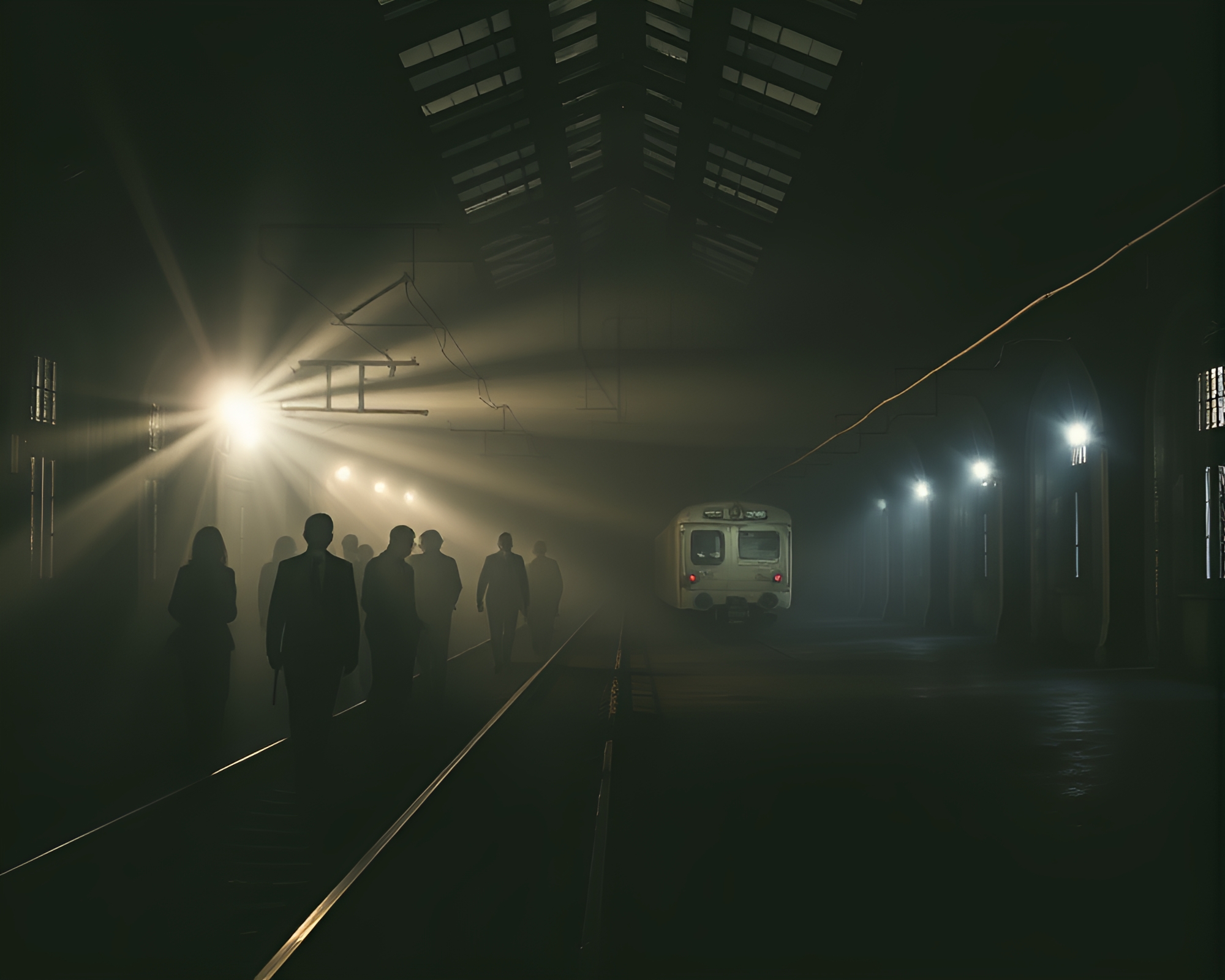 Eerie Art Deco Phantom Train Station at Night – free AI stock image