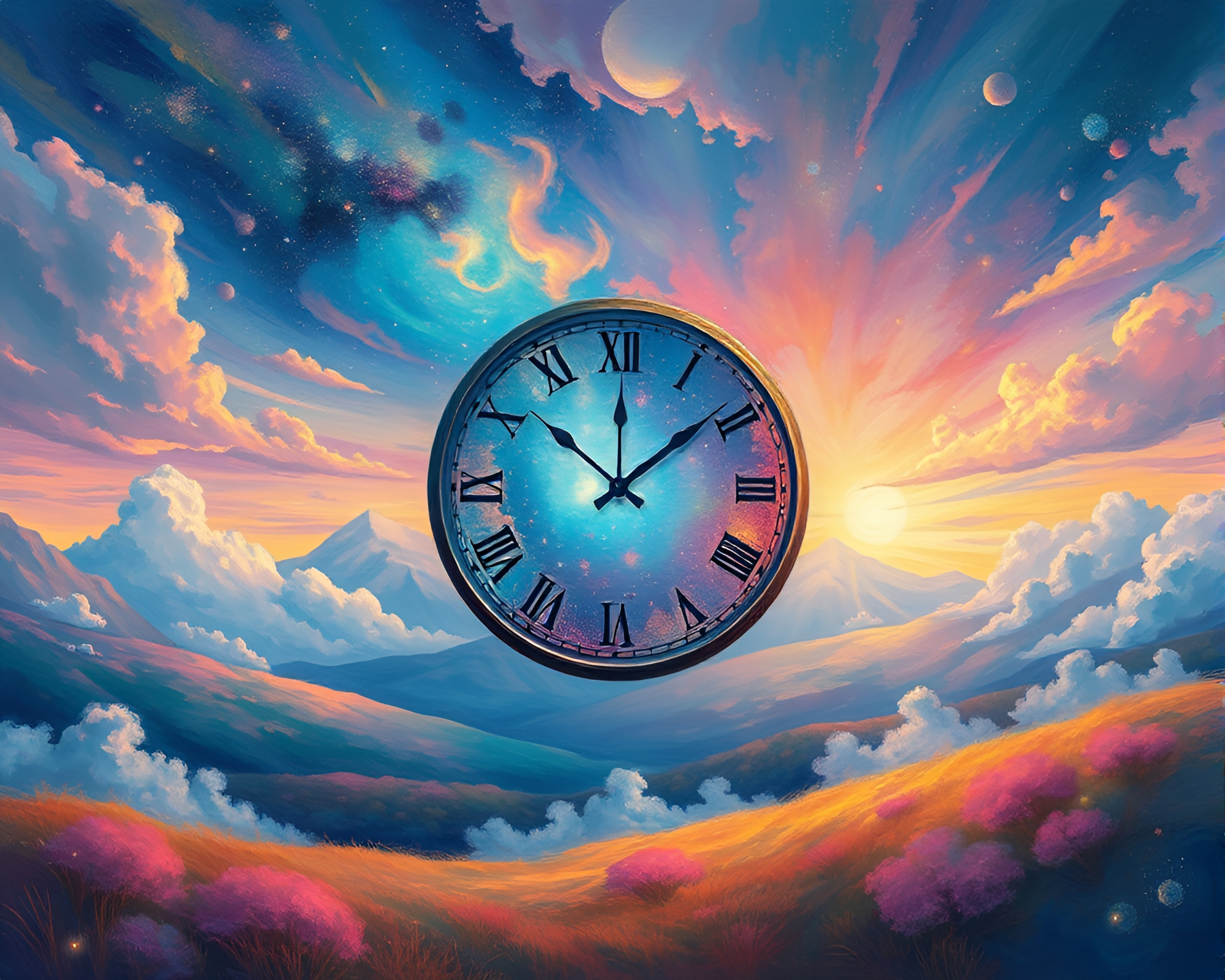 Vibrant Cosmic Clock Face in Ethereal Landscape Painting – free AI stock image