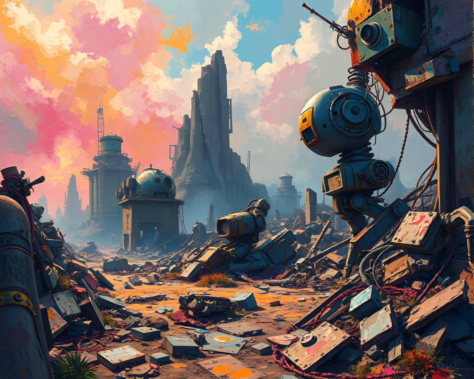 Surreal Robotic Junkyard in Vibrant Acrylic Colors – free AI stock image
