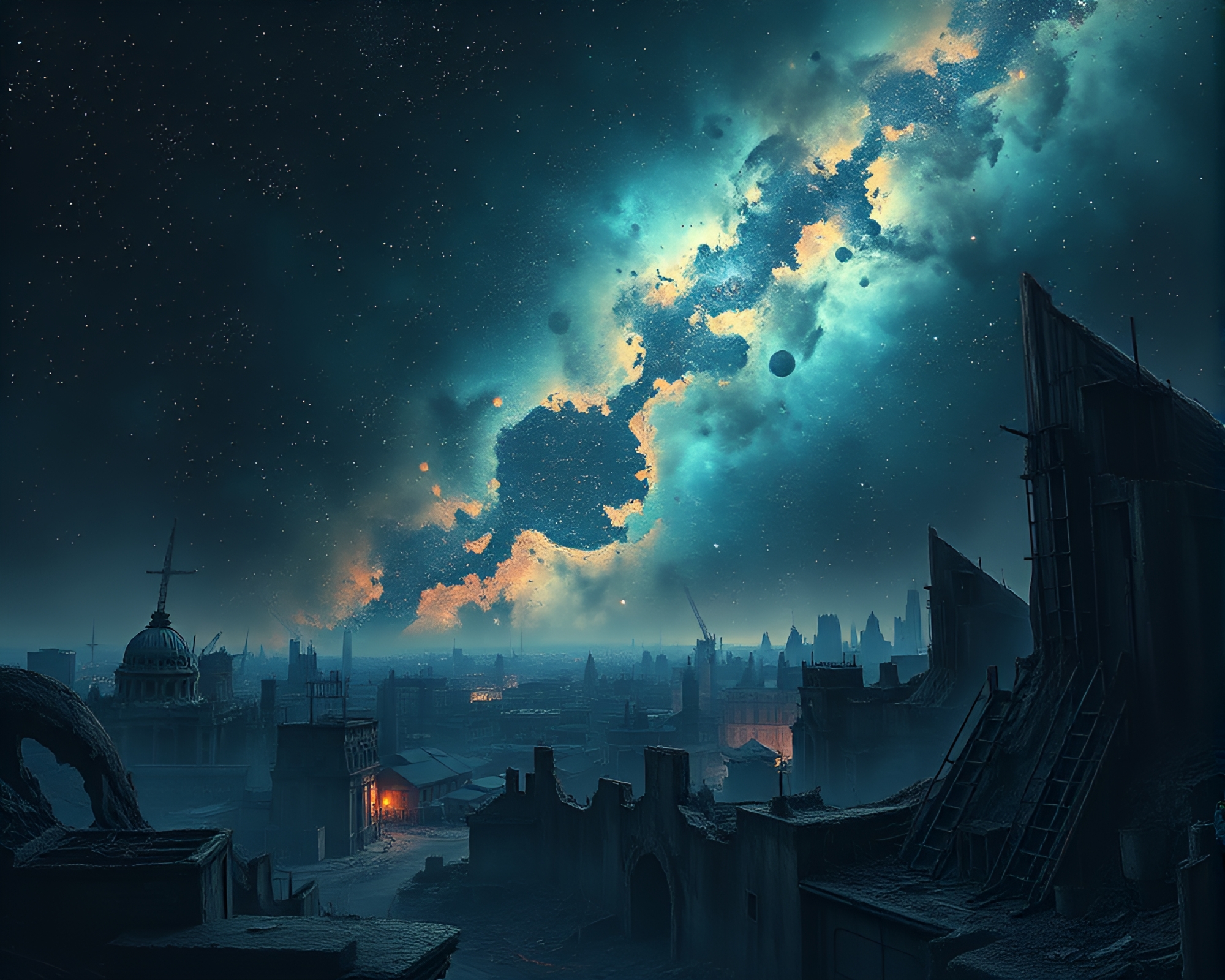 Dystopian Starfield Collage Over Cityscape: Cosmic Chaos – free AI stock image