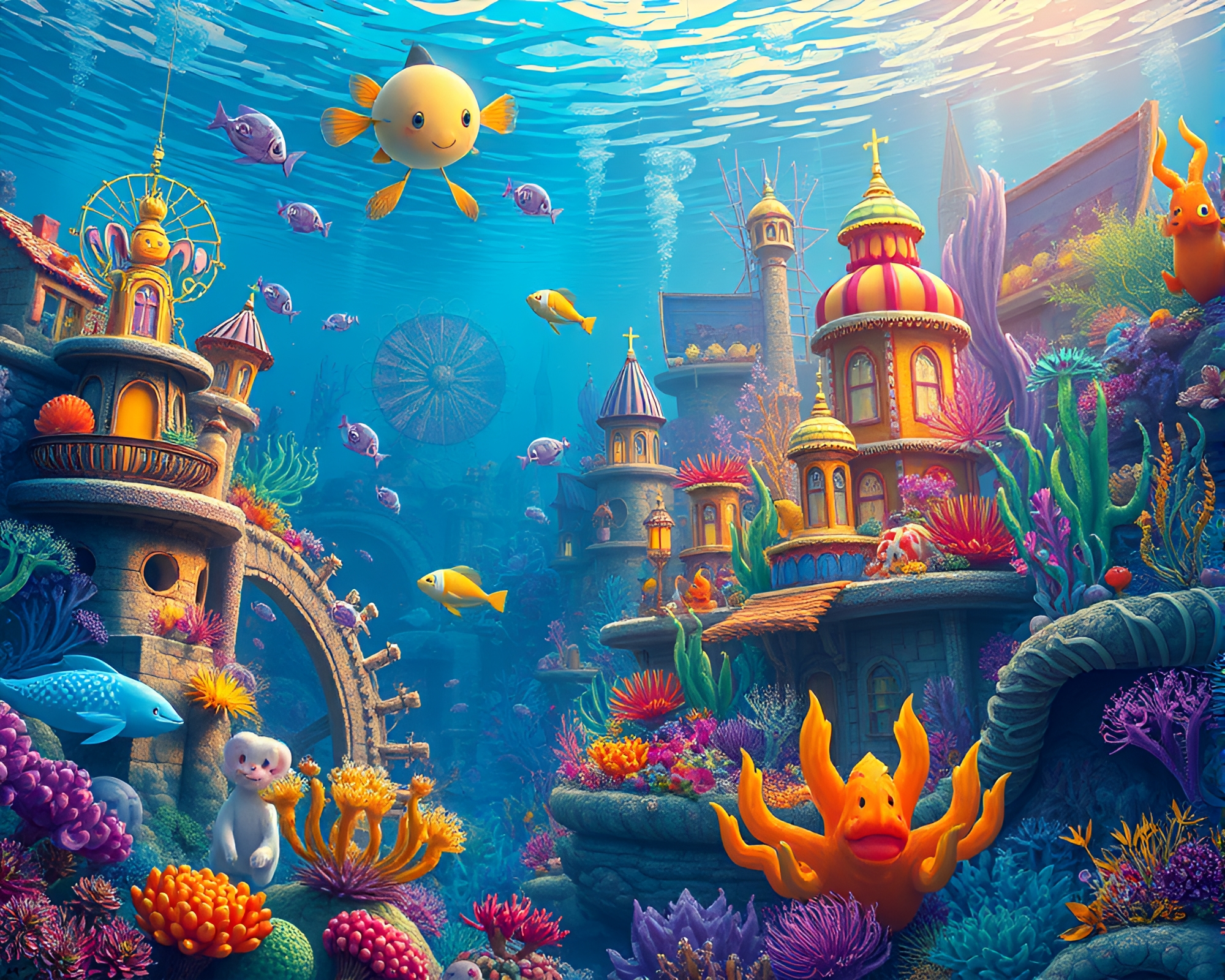 Whimsical Underwater Cityscape with Playful Sea Creatures – free AI stock image