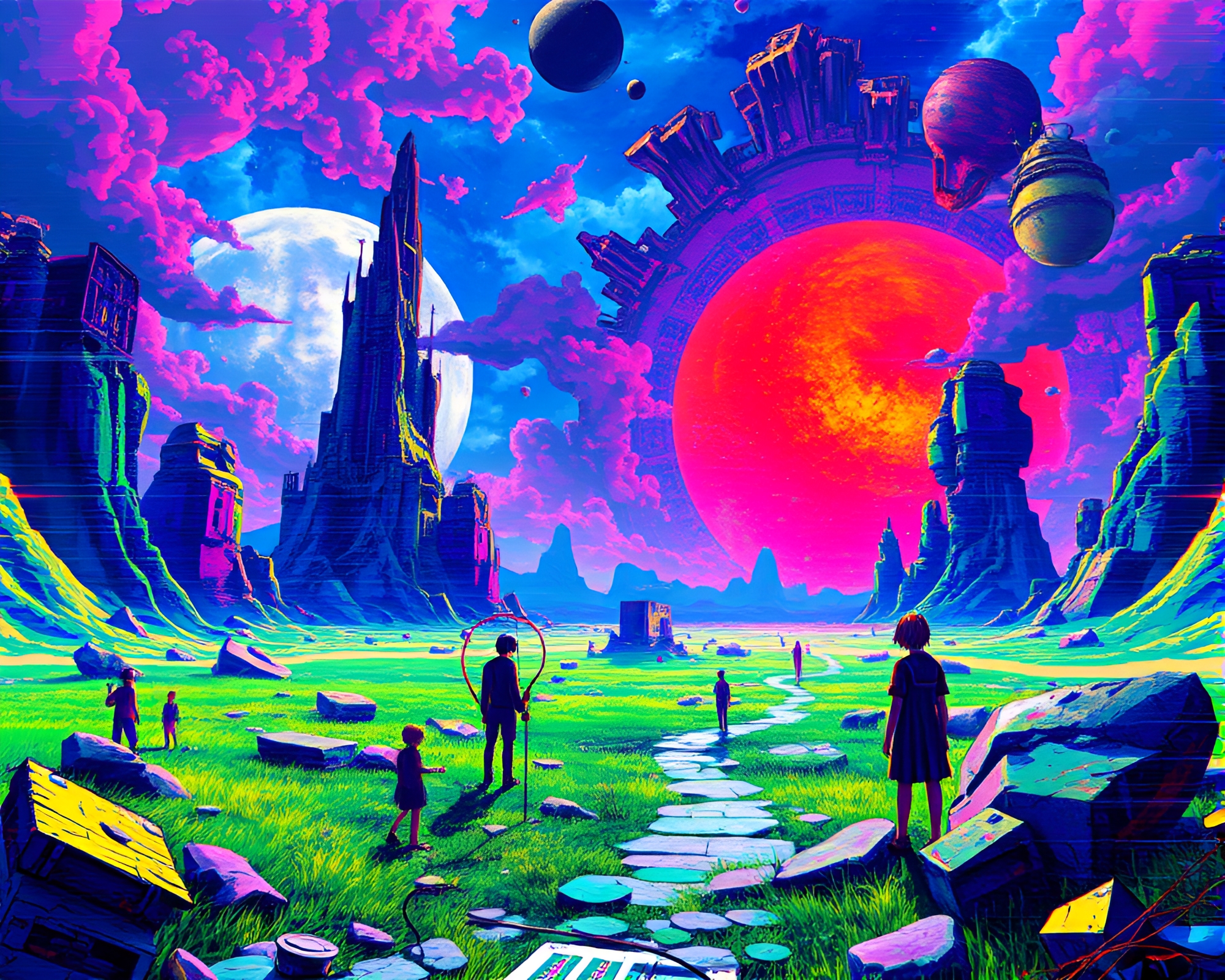 Vibrant Glitch Anime Landscape: Cyberpunk Surrealism – free AI stock image