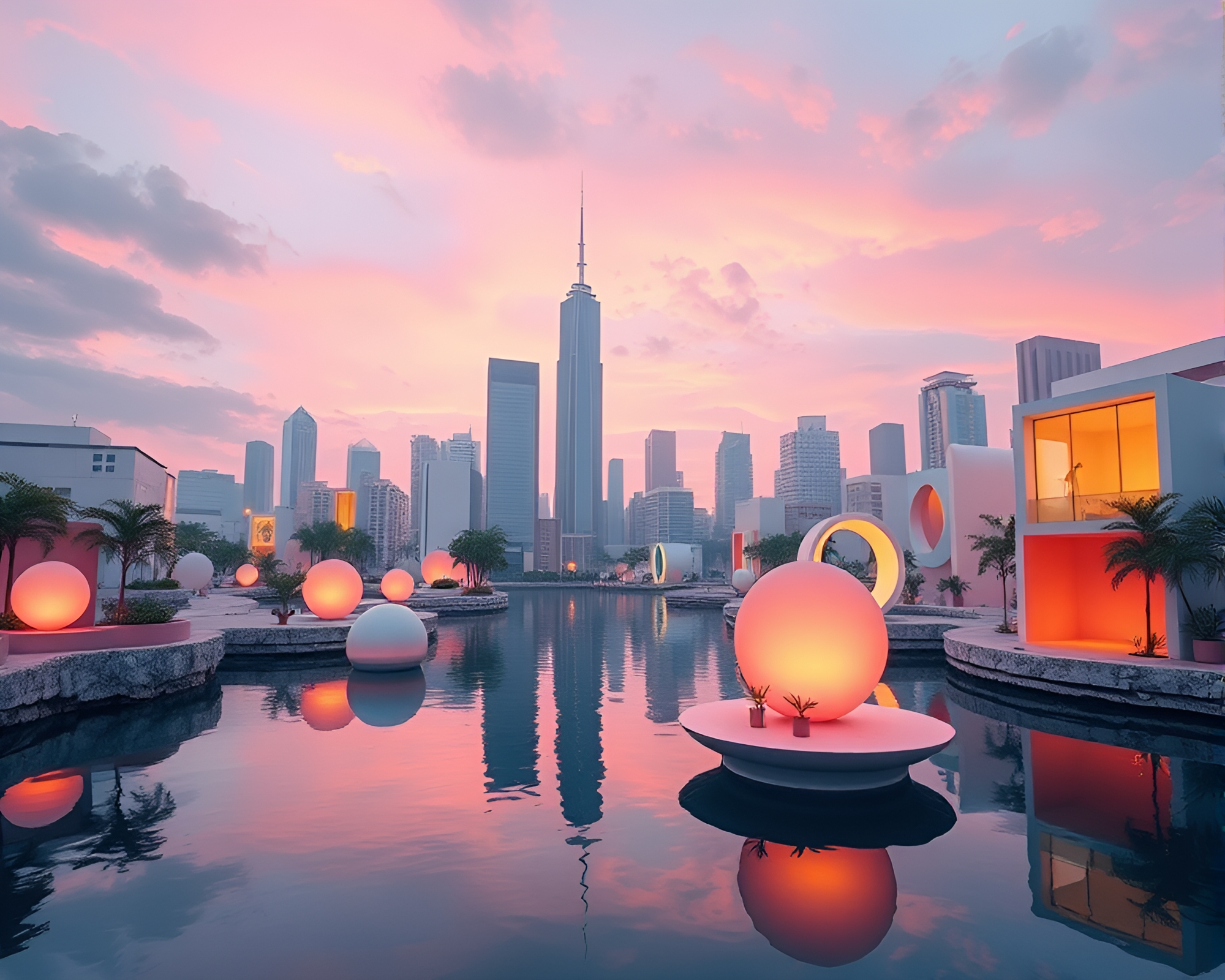 Serene Sunken Cityscape with Modern Art Installations – free AI stock image