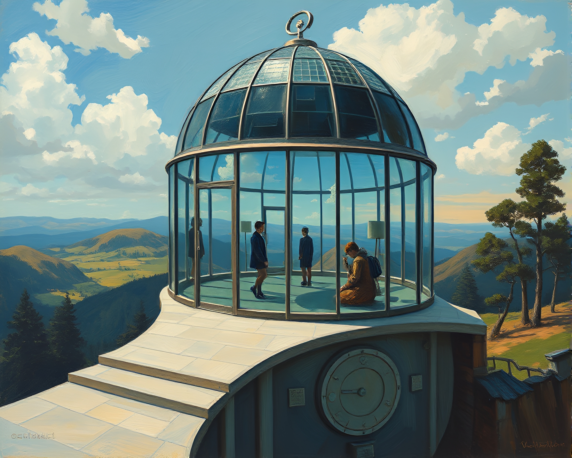 Surreal Impressionistic Glass-Walled Observatory Reflections Landscape Painting – free AI stock image