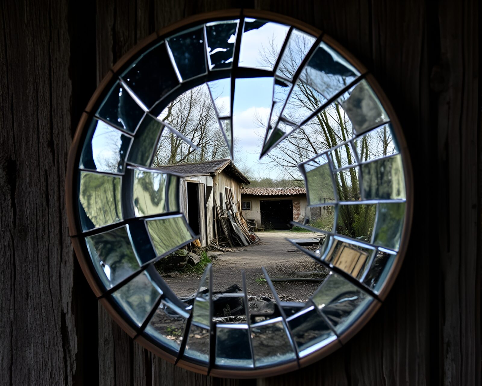 Fragmented beauty of nature and decay in mirror shards