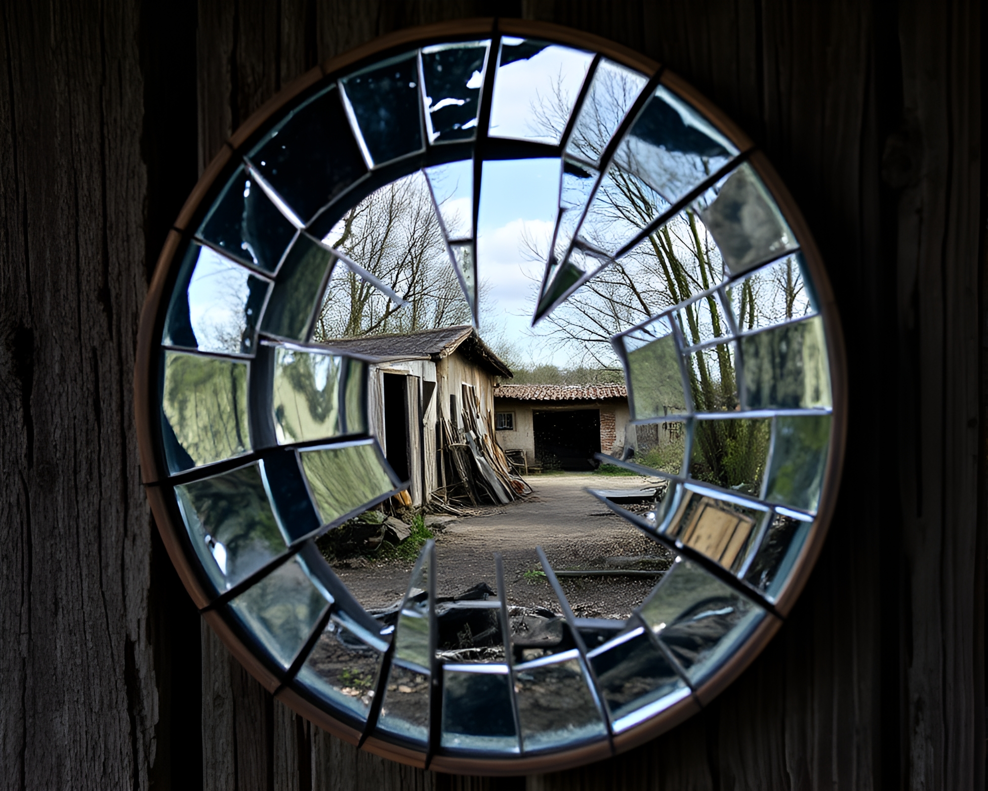 Impressionistic shattered mirror reflecting rustic scene – free AI stock image