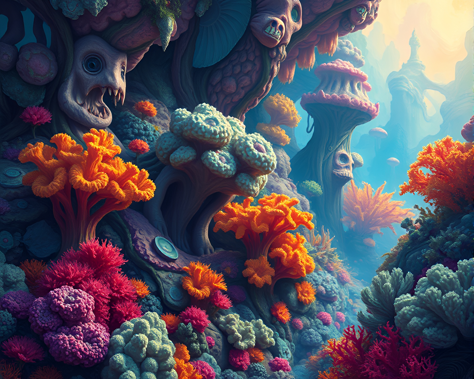 Alien Coral Forest: Vibrant Colors in Oil Painting – free AI stock image