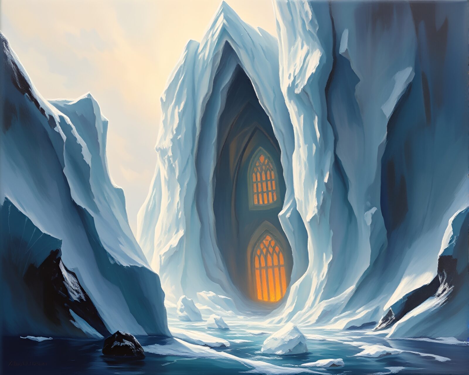 Gorgeous oil painting of iceberg cathedral evoking mystery and beauty