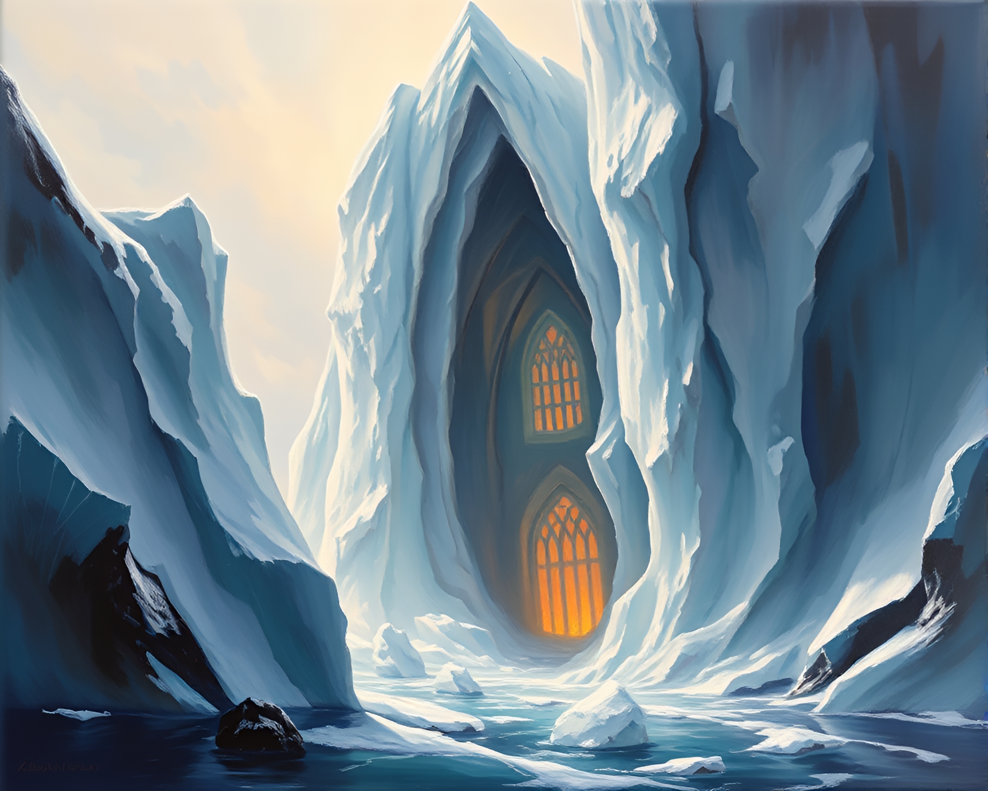 Majestic Iceberg Cathedral: A Haunting Oil Paint Masterpiece – free AI stock image