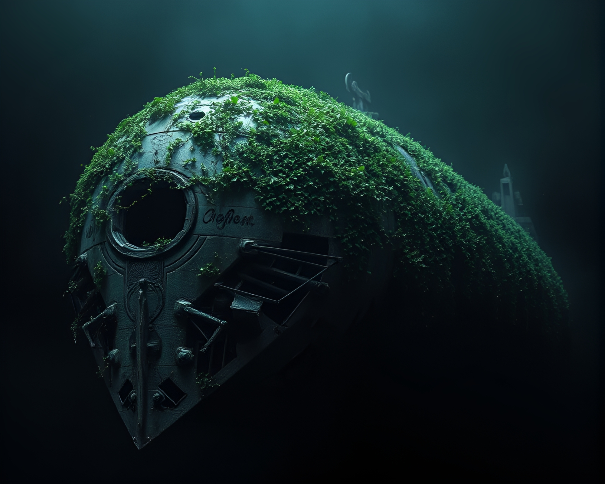 Ethereal Wreckage: Ivy-Covered Spaceship in Darkness – free AI stock image