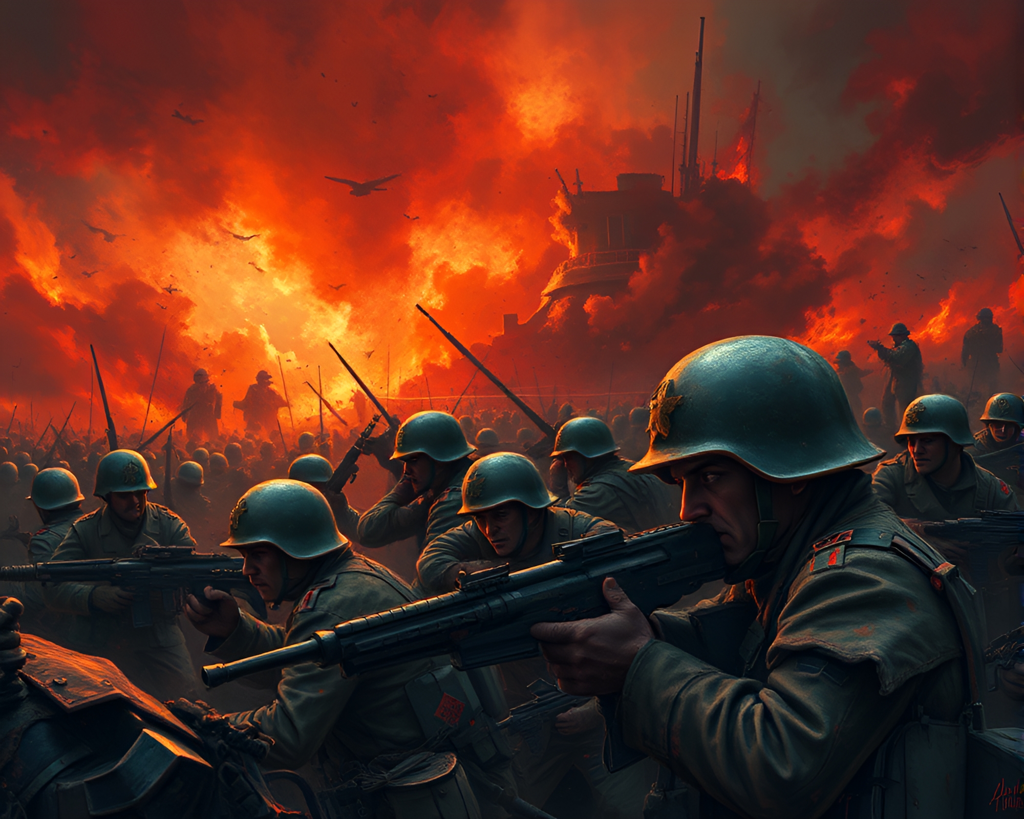 Ethereal Soldiers Amid Spectral Battlefield: A Haunting Depiction – free AI stock image