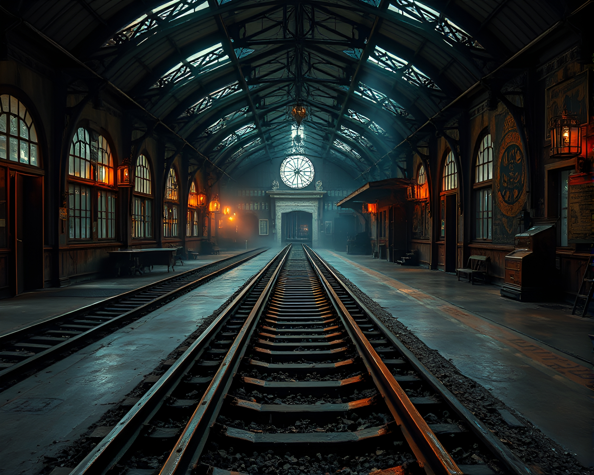 Eerie Phantom Train Station with Ancient Symbols and Rusted Tracks – free AI stock image