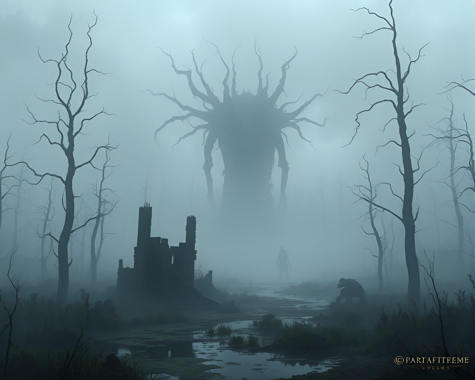 Foggy marsh with ruins and mutated creatures in video game concept
