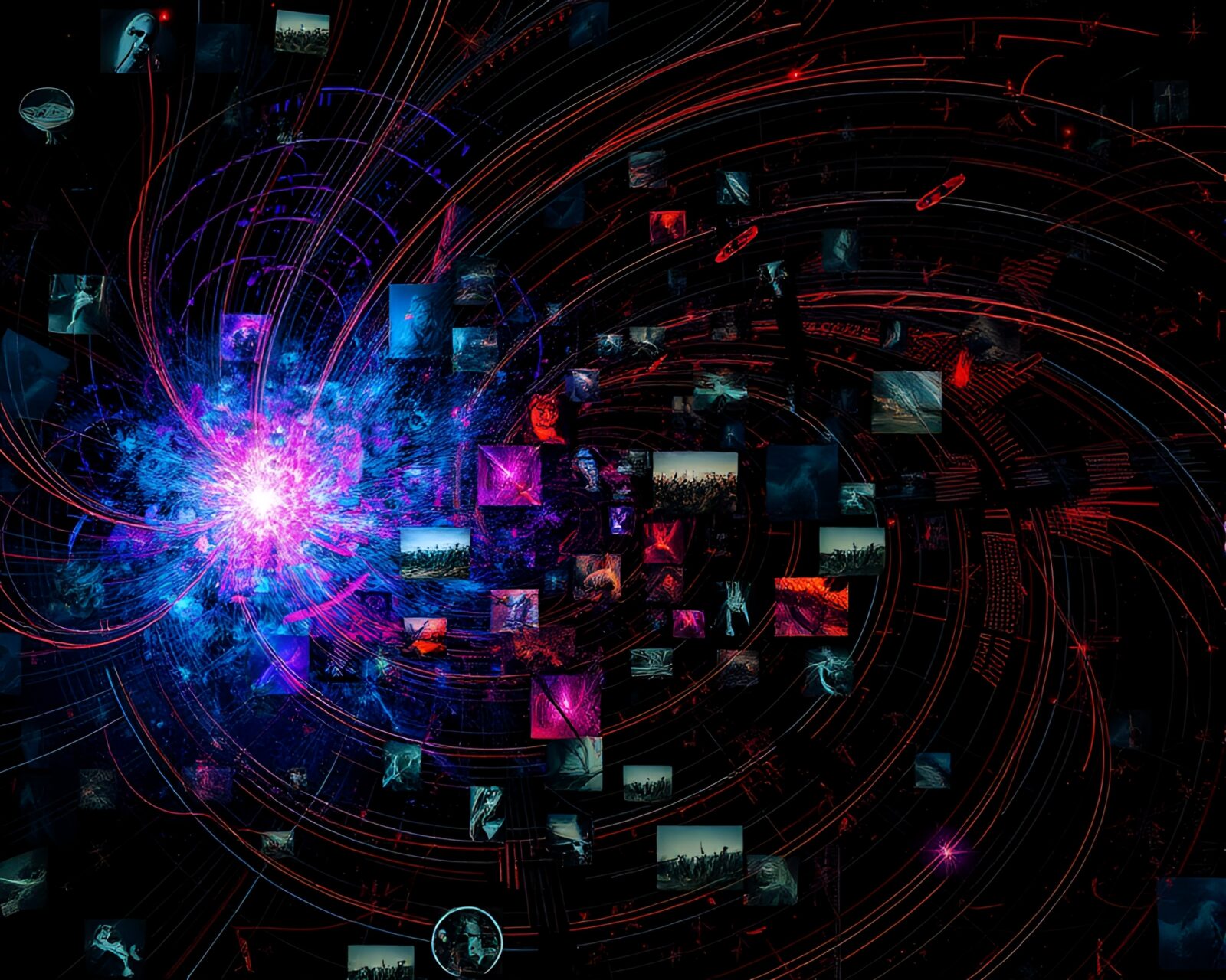 Colorful swirling magnetic field lines with ominous collage images.