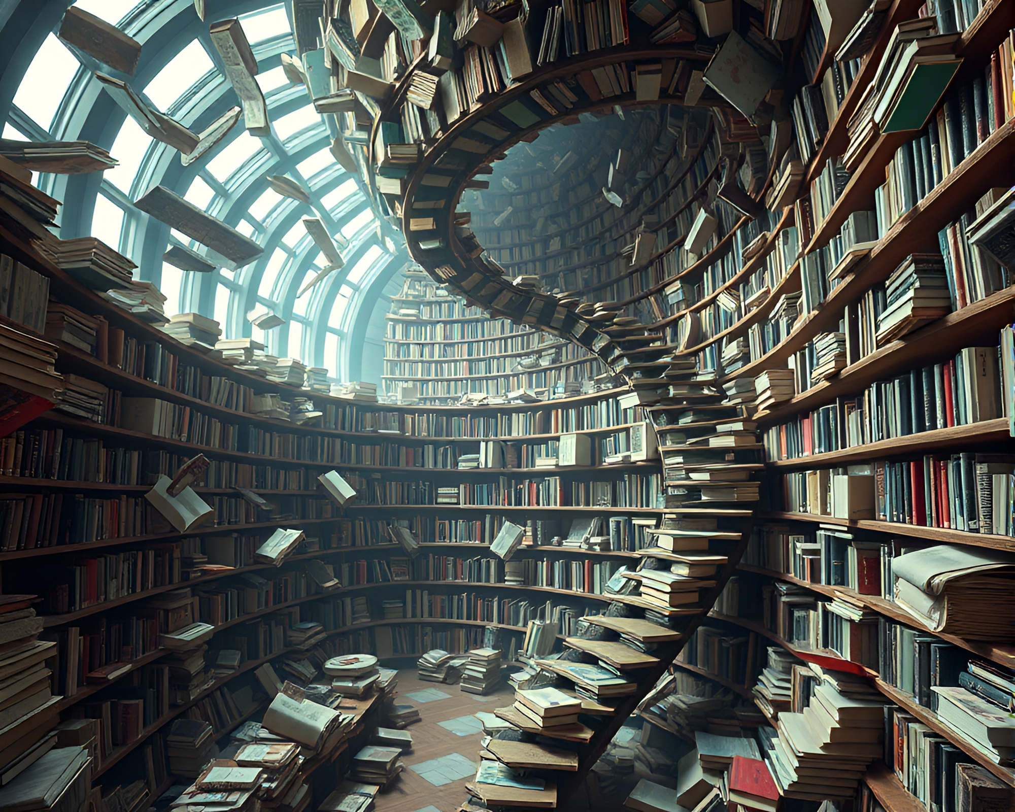 Dreamlike labyrinthine library with floating books – free AI stock image