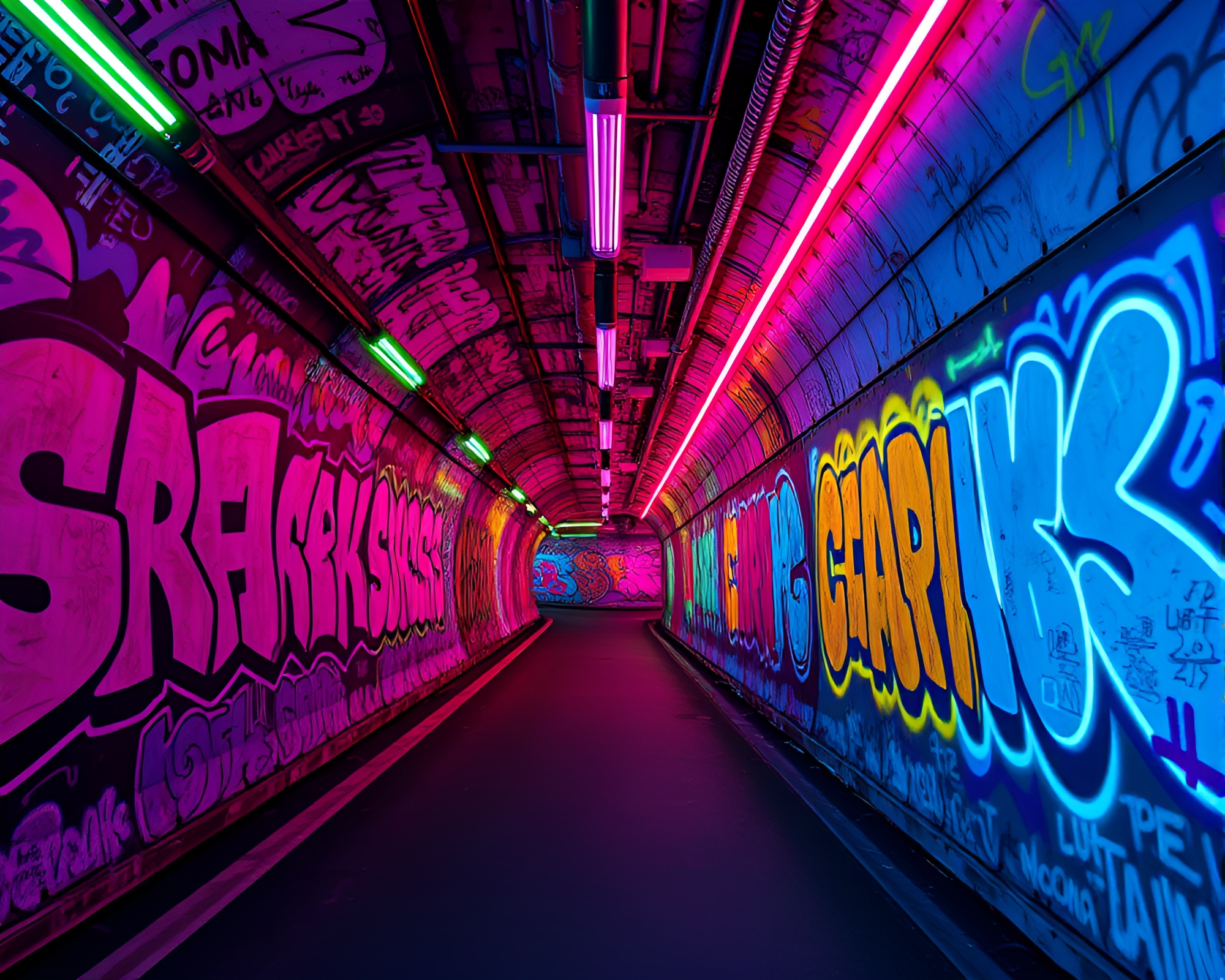 Neon Graffiti-Covered Tunnel with Photorealistic CGI Effects – free AI stock image